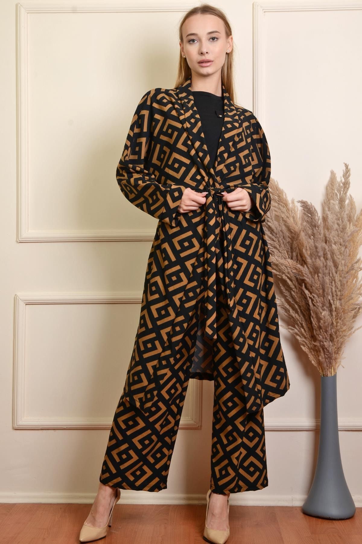 PİNKMARK Kadın Kahverengi Siyah Baskılı Tesettür Kimono Pmck25370