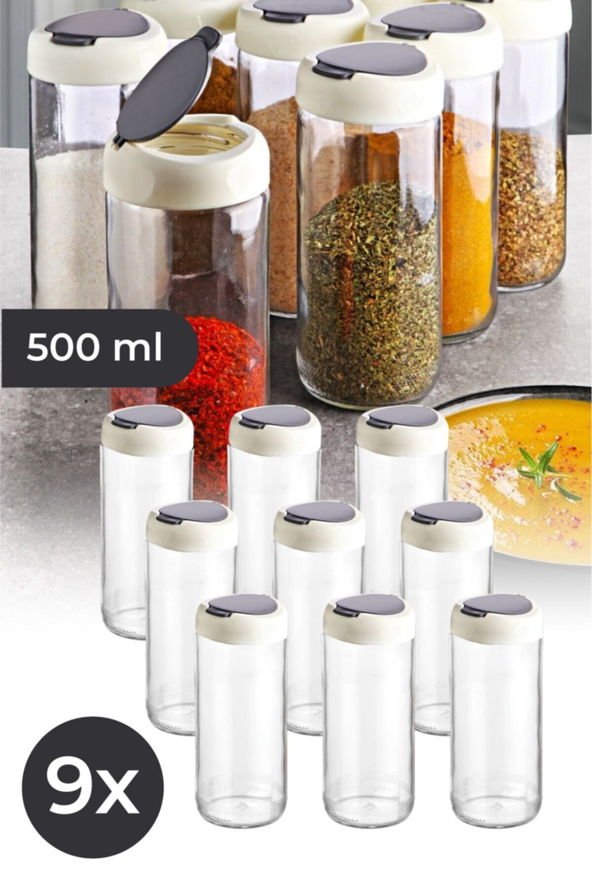 VIENEV 9lu Cam Baharat Kavanozu 500 Ml Gri Beyaz Kapaklı