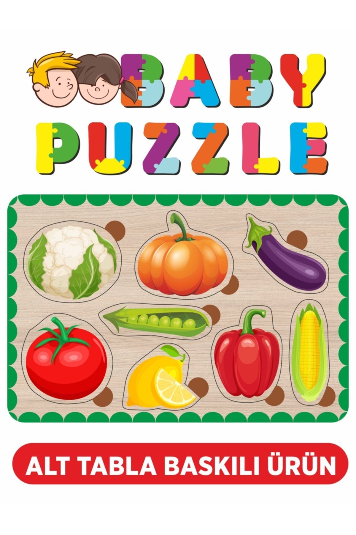 Baskı Atölyesi Sebzeler Kabak, Patlıcan, Biber, Limon, Bezelye, Domates, Mısır Bul-tak Ahşap Puzzle
