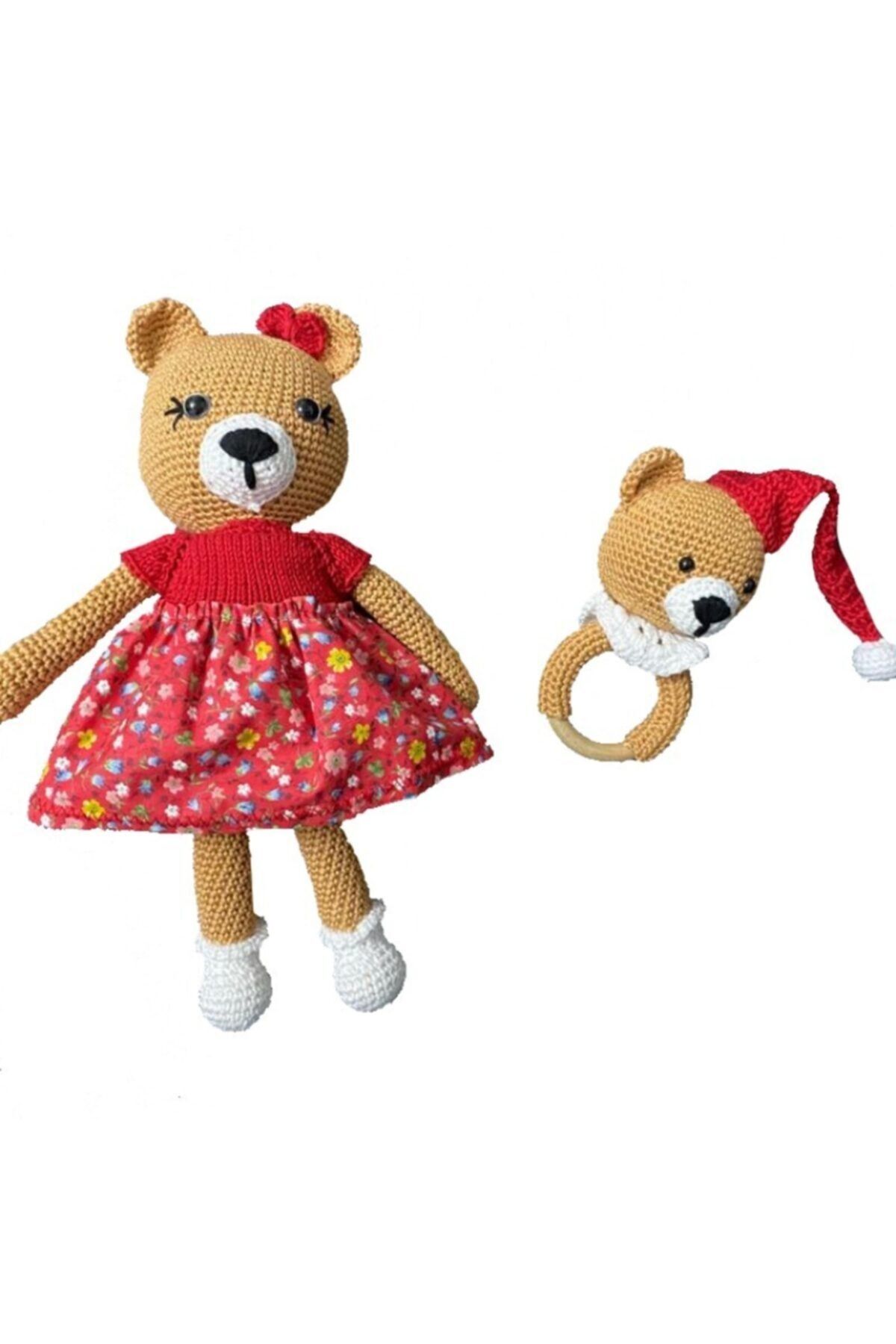 DOUBLEBUBBLESTORE Amigurumi Kırmızı Elbiseli Ayıcık ve Çıngırak