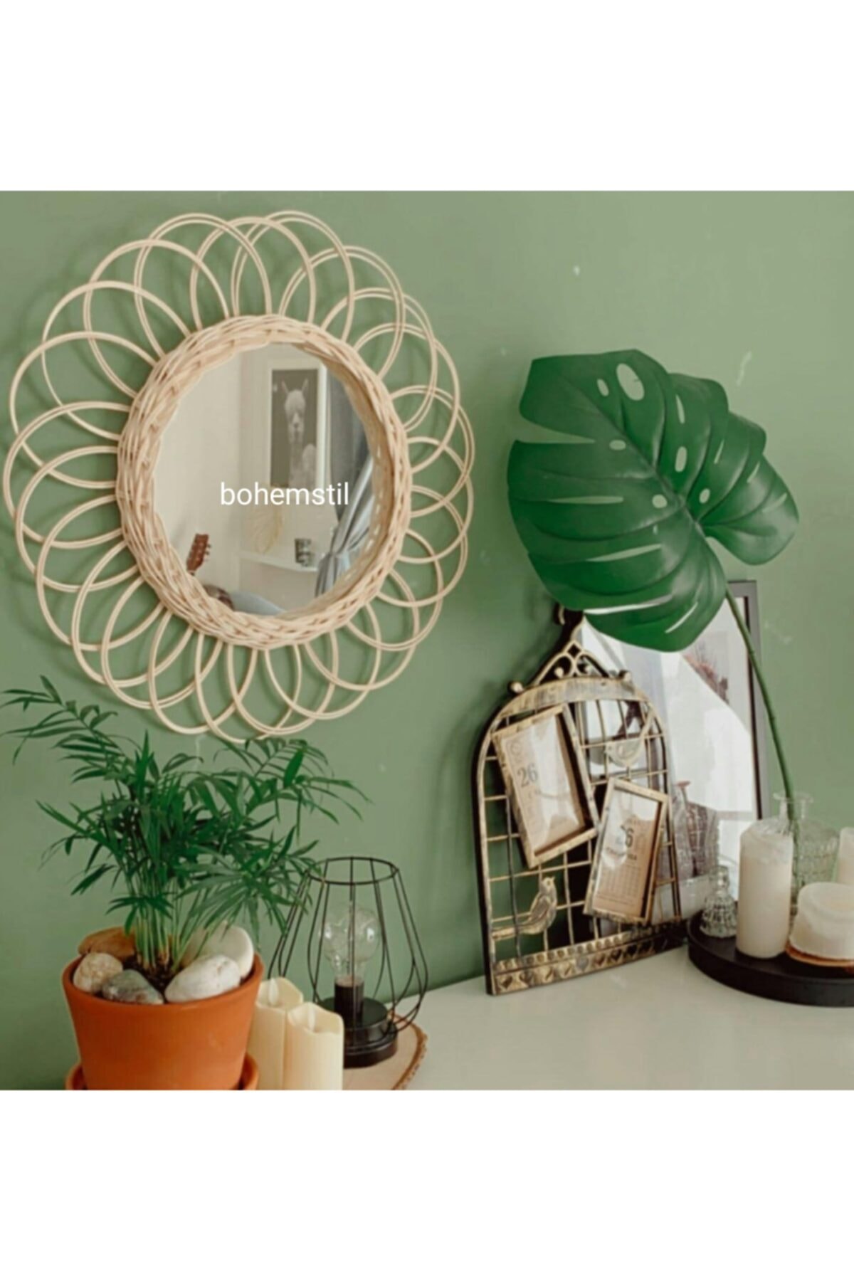 Bohem Stil Rattan Bambu Hasır Ayna