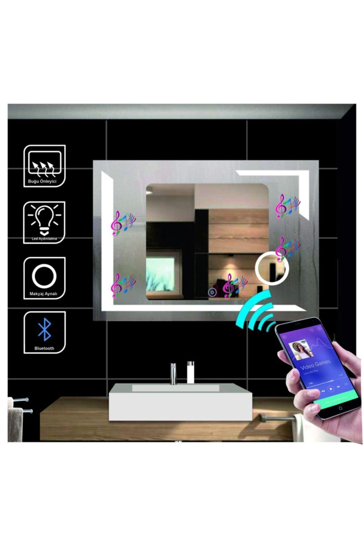 GLOBAL LED MIRROR 70x80 Cm Bluetoothlu Makyaj Aynalı Dokunmatik Tuşlu Buğulanmayan Ledli Ayna Banyo Aynası