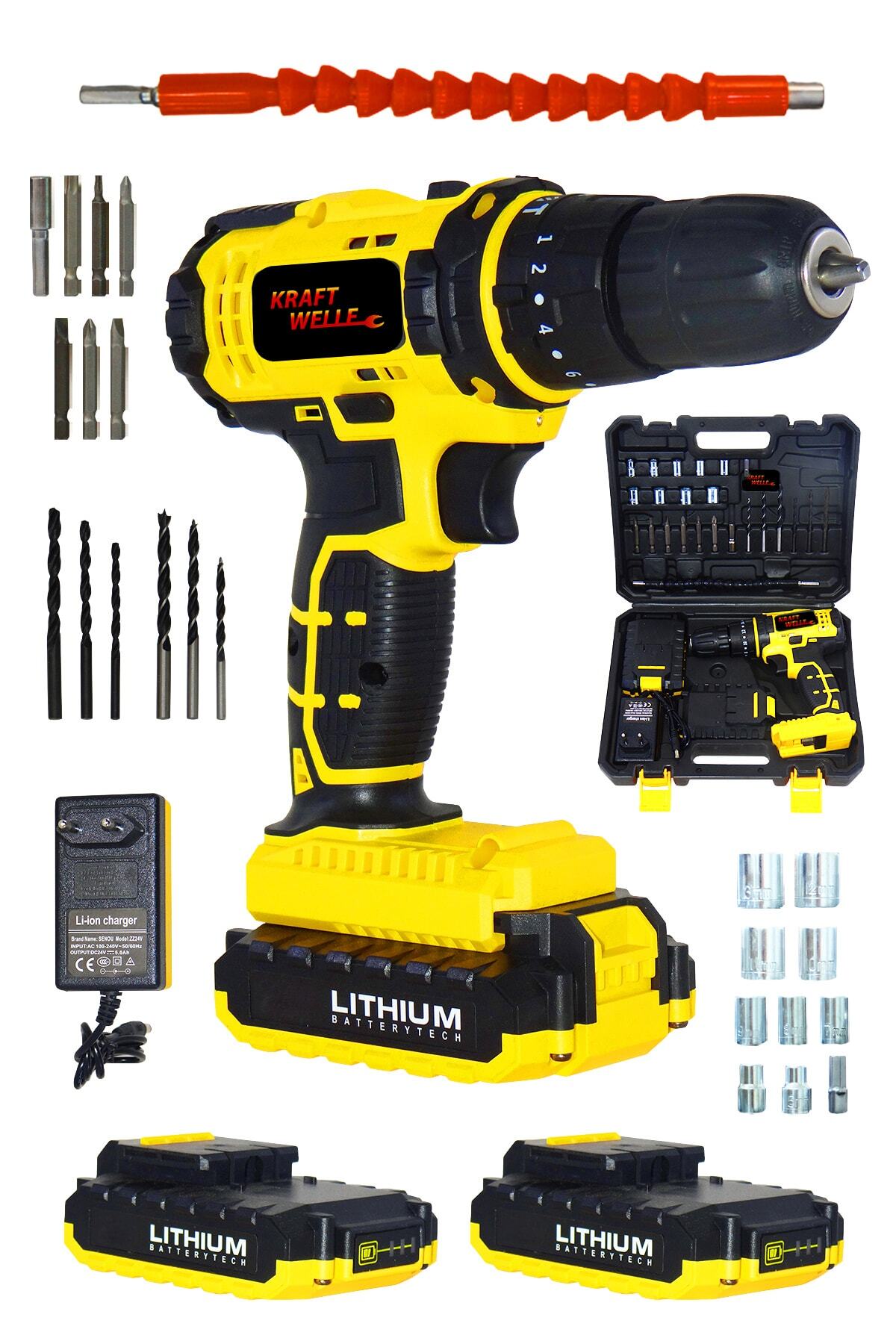 Kraft Welle Teknoloji Bakır Sargılı 58v 6ah Metal Şanzıman 2 Akülü 27 Pcs Set Darbeli Şarjlı Vidalama Matkap Stn