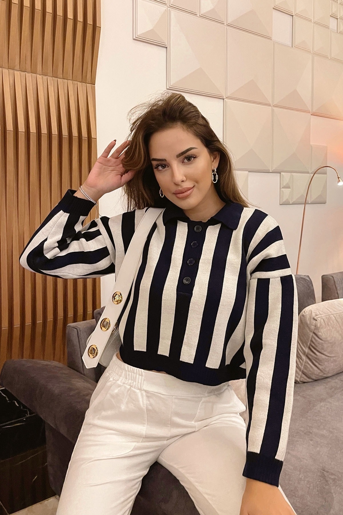 Miyore Polo Yaka Dik Şeritli Kazak- Lacivert