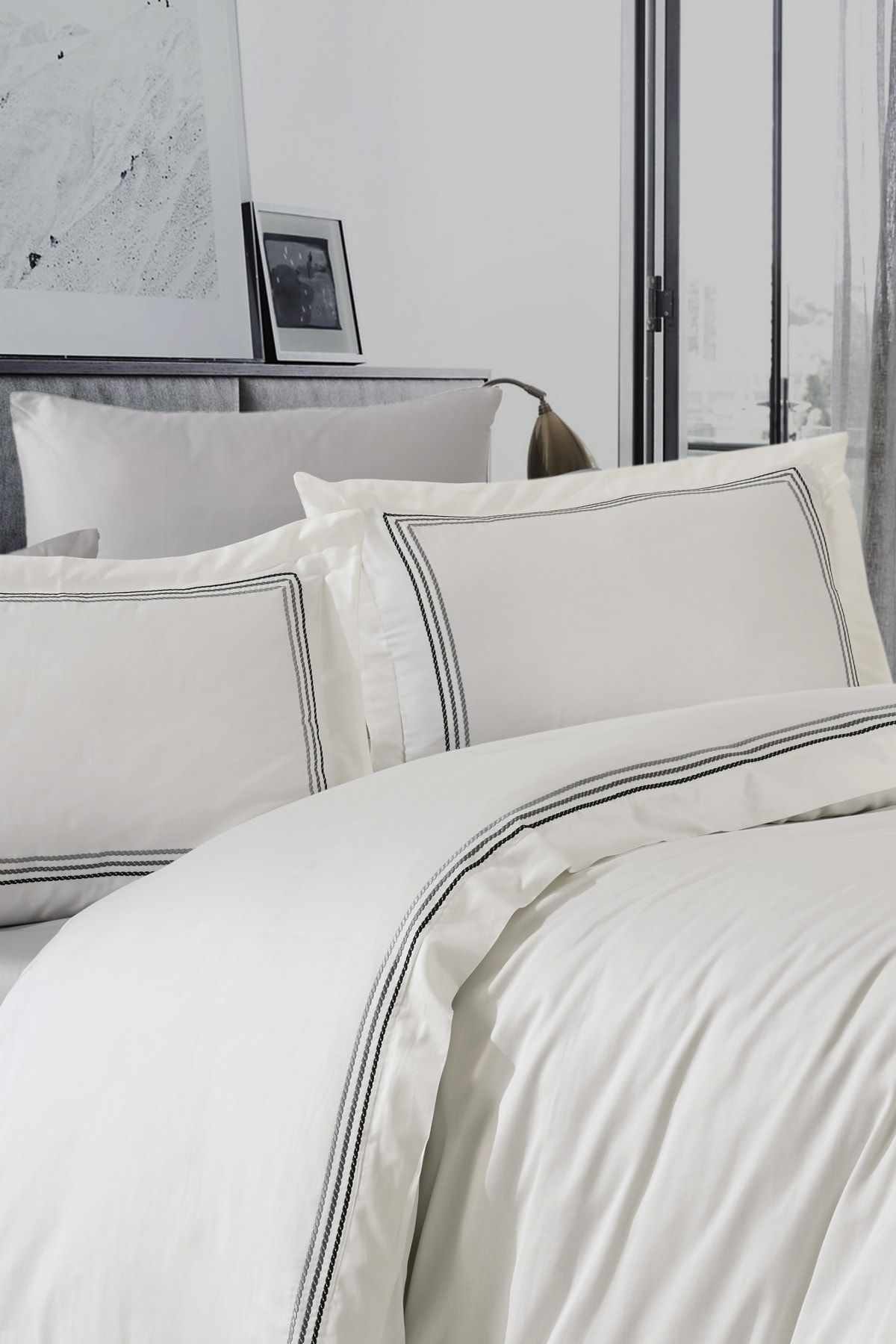 evde yenilik King Size 6 Parça %100 Pamuk Saten Nakışlı Nevresim Takımı Gri Renk