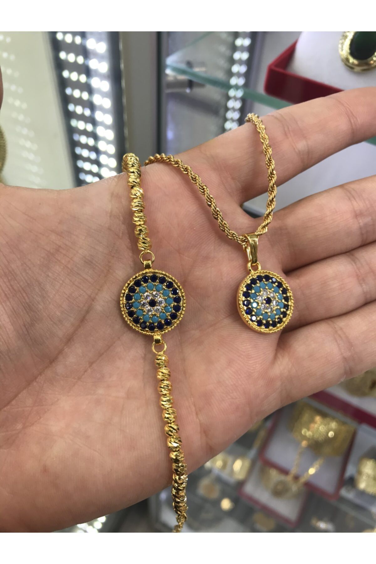 castle gold 22 Ayar Altın Kaplama Nazarlı Kolye Bileklik Set