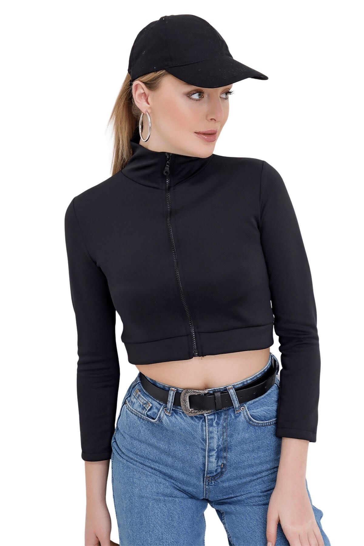 butikburuç Kadın Siyah Fermuarlı Crop Sweat