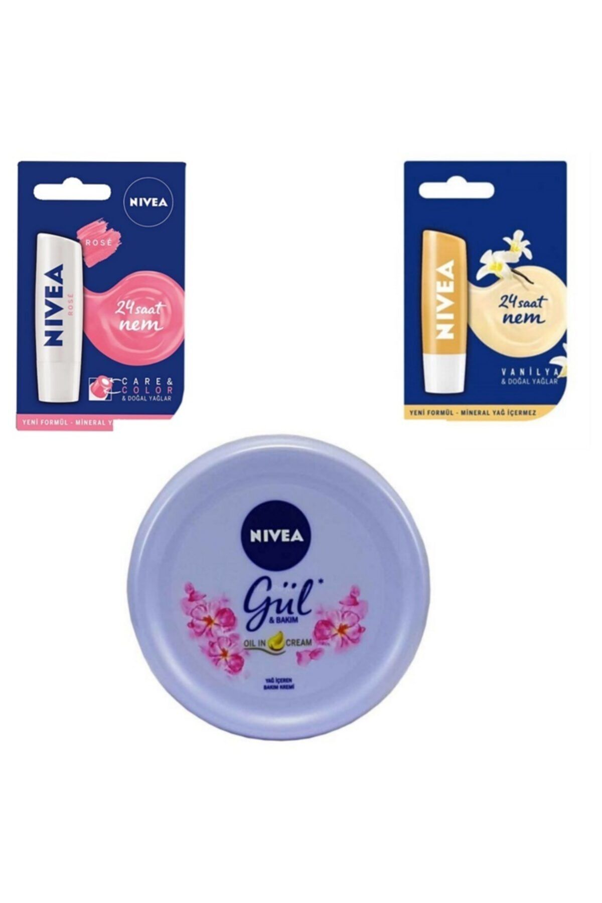 Nivea Gül Içerikli El-yüz-vücut Bakım Kremi & Vanilya Dudak Balm & Gül Özü-renkli Dudak Balmı Pembe
