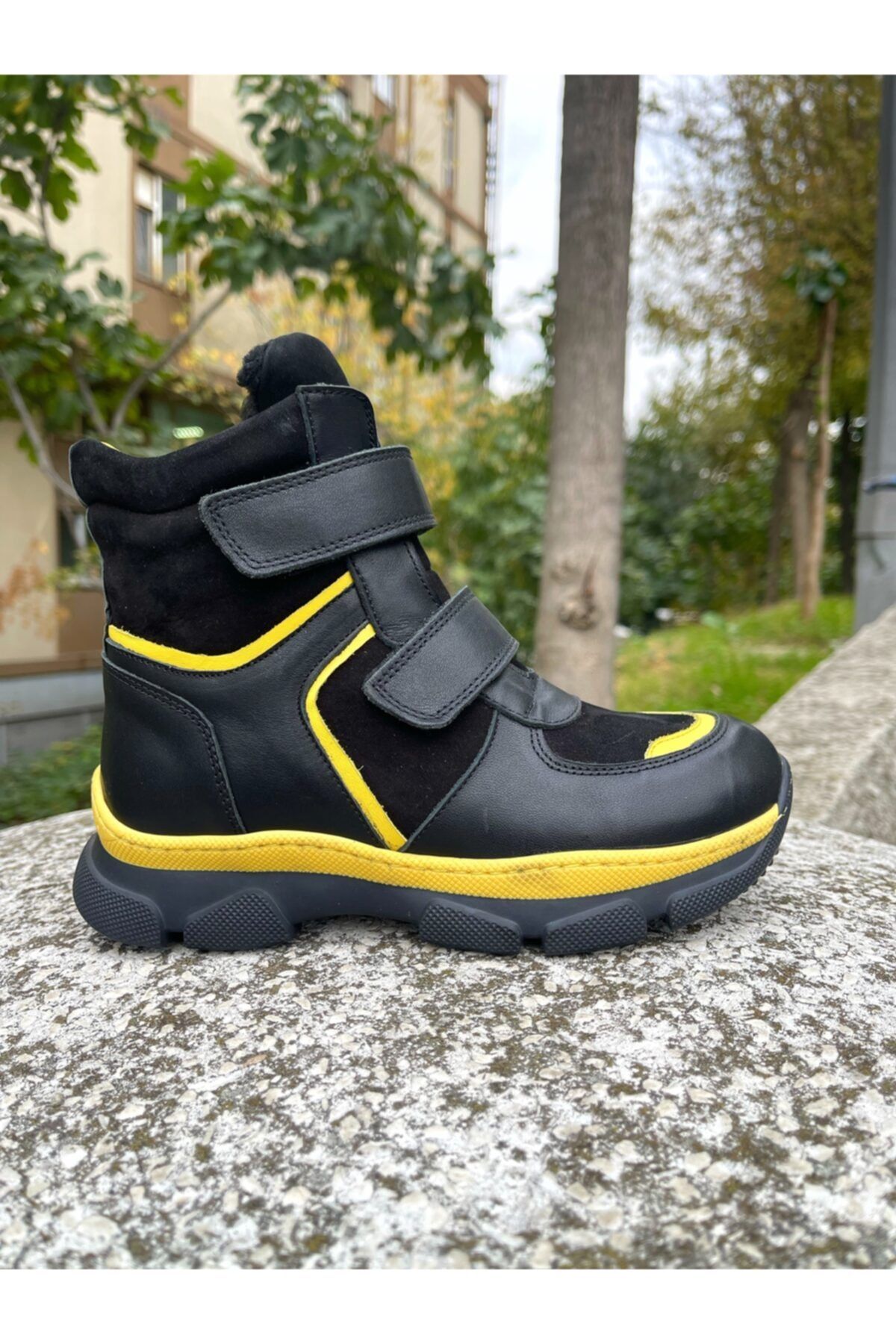 MOTTİ KİDS CLUB Hakiki Deri Erkek Çocuk Siyah Sarı Kar Botu