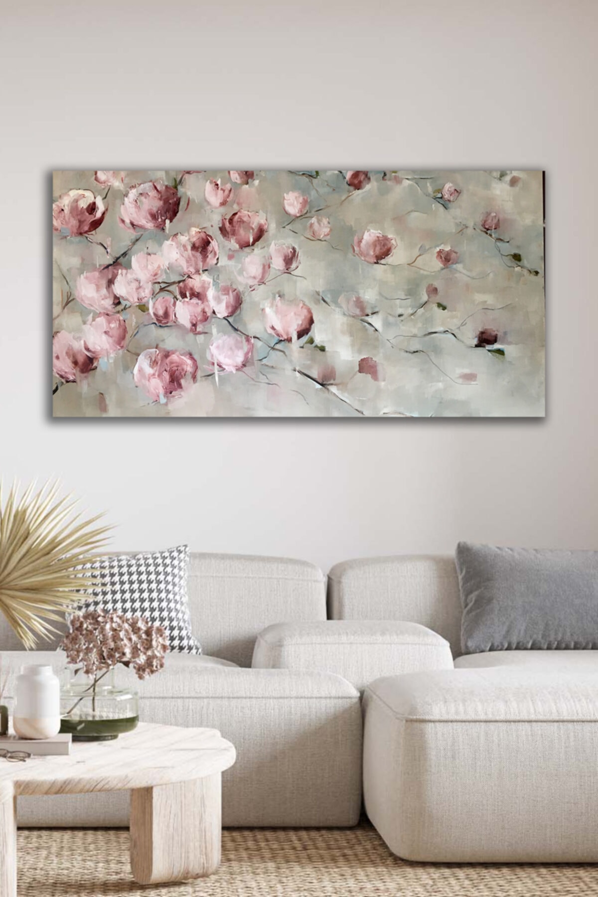 Blok Design Pembe Çiçekler Dekoratif Kanvas Duvar Tablosu