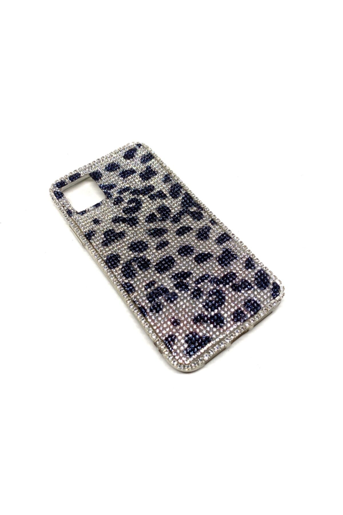 Blingston Iphone 11 Uyumlu Kristal Taşlı Şeffaf Telefon Kılıfı Siyah Gümüş Leopar Desen