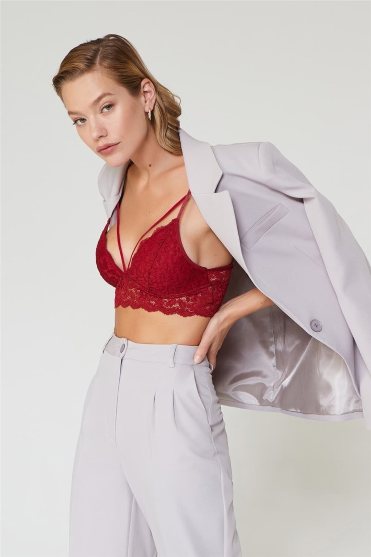 Cansoy Henna Dantelli Vişne Bralet Takım