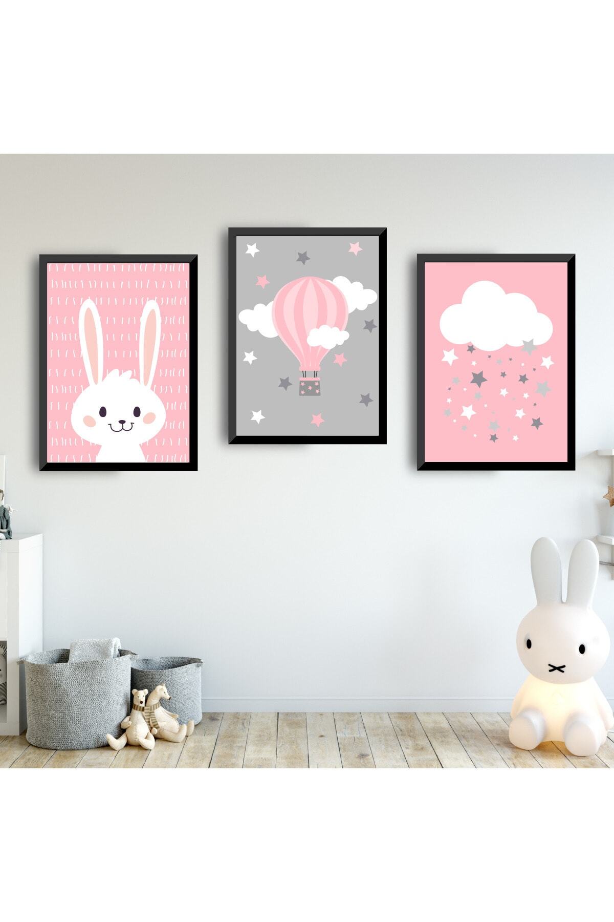 SUNNYFUNNYKIDS Kız Çocuk Bebek Odası Tablo Tavşan Pembe Gri Bulut Yıldız Siyah Çerçeveli Set Sfkc83