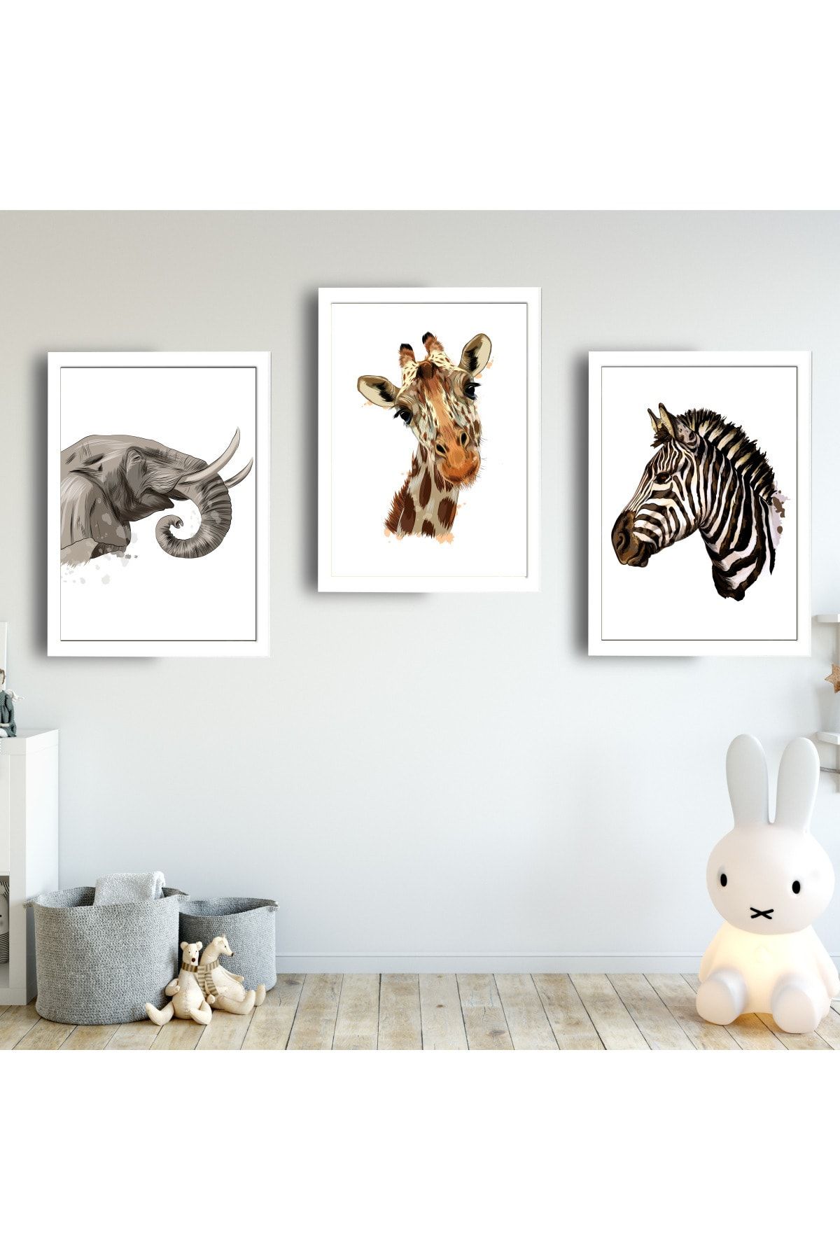 SUNNYFUNNYKIDS Bebek Çocuk Odası Tablo Fil Zürafa Zebra Beyaz Çerçeveli Set Sfkc5