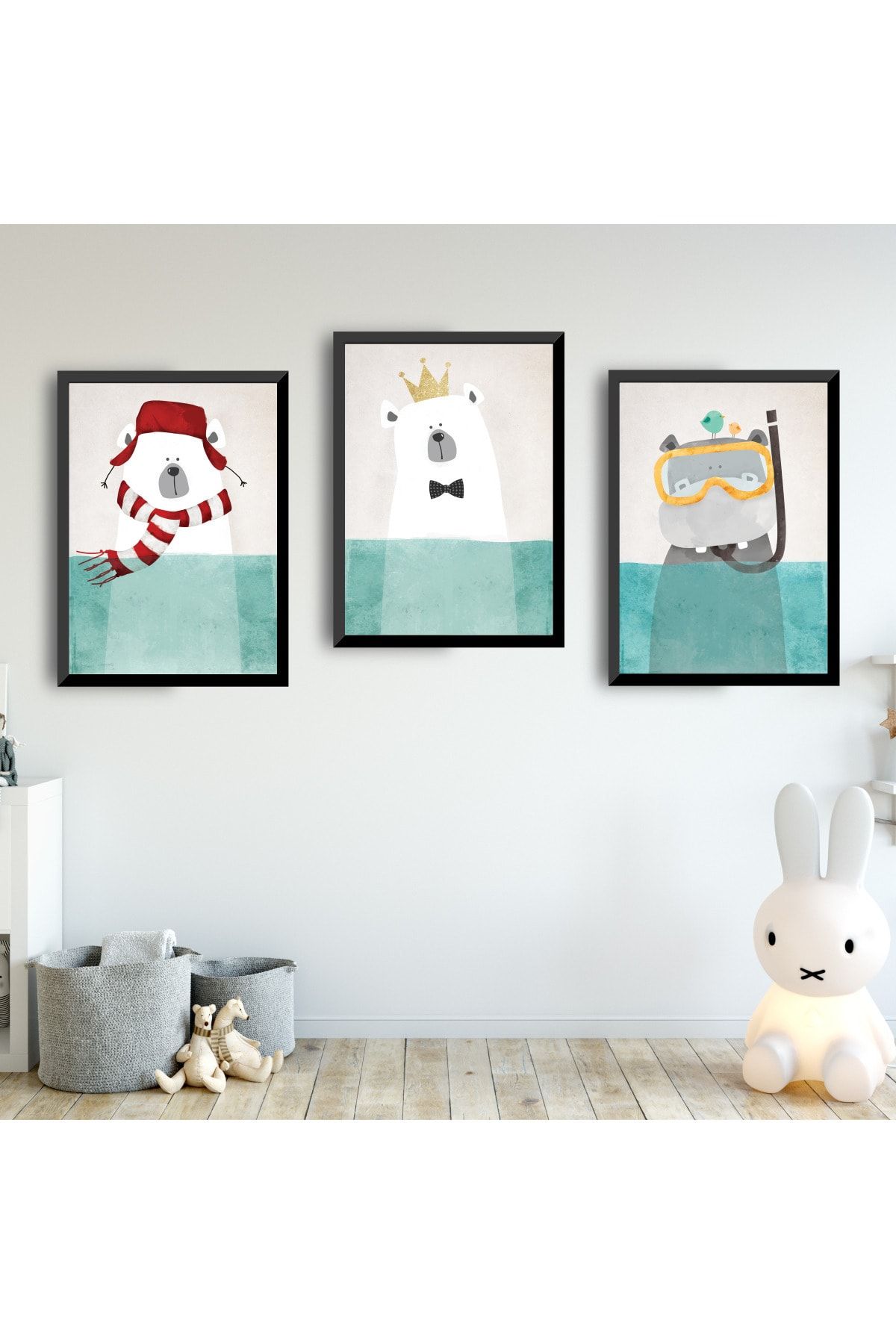SUNNYFUNNYKIDS Erkek Bebek Çocuk Odası Tablo Ayı Hippo Kırmızı Mavi Siyah Çerçeveli Set Sfkc82