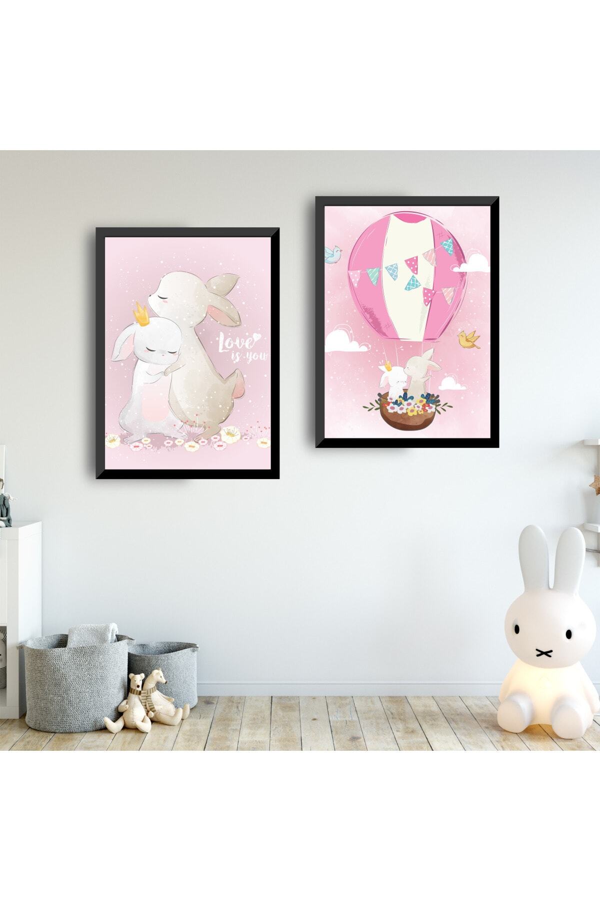 SUNNYFUNNYKIDS Kız Bebek Çocuk Odası Tablo Pembe Tavşan Uçan Balon Siyah Çerçeveli Set Sfkc71