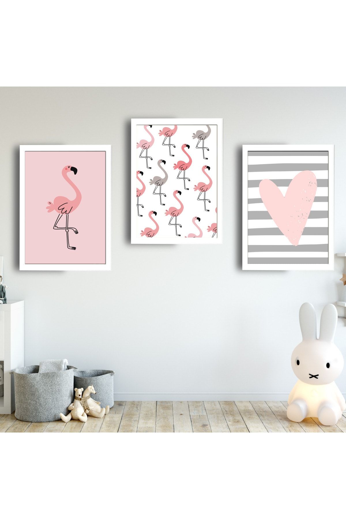 SUNNYFUNNYKIDS Kız Çocuk Bebek Odası Tablo Pembe Gri Flamingo Kalp Beyaz Çerçeveli Set Sfkc62