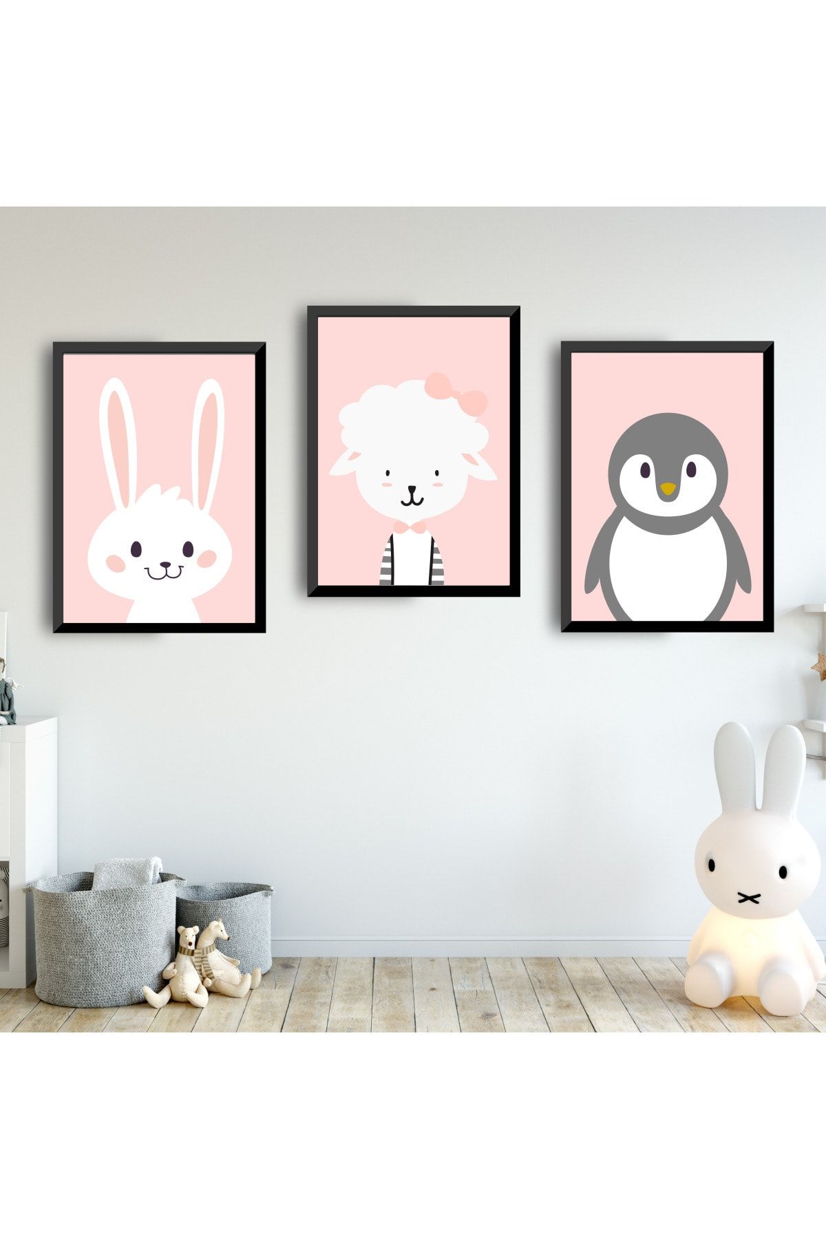 SUNNYFUNNYKIDS Kız Bebek Çocuk Odası Tablo Pembe Penguen Tavşan Kuzu Siyah Çerçeveli Set Sfkc66