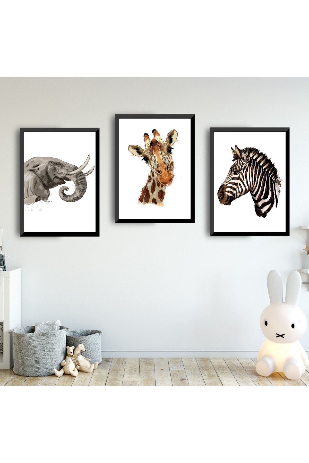 SUNNYFUNNYKIDS Bebek Çocuk Odası Tablo Fil Zürafa Zebra Siyah Çerçeveli Set Sfkc5