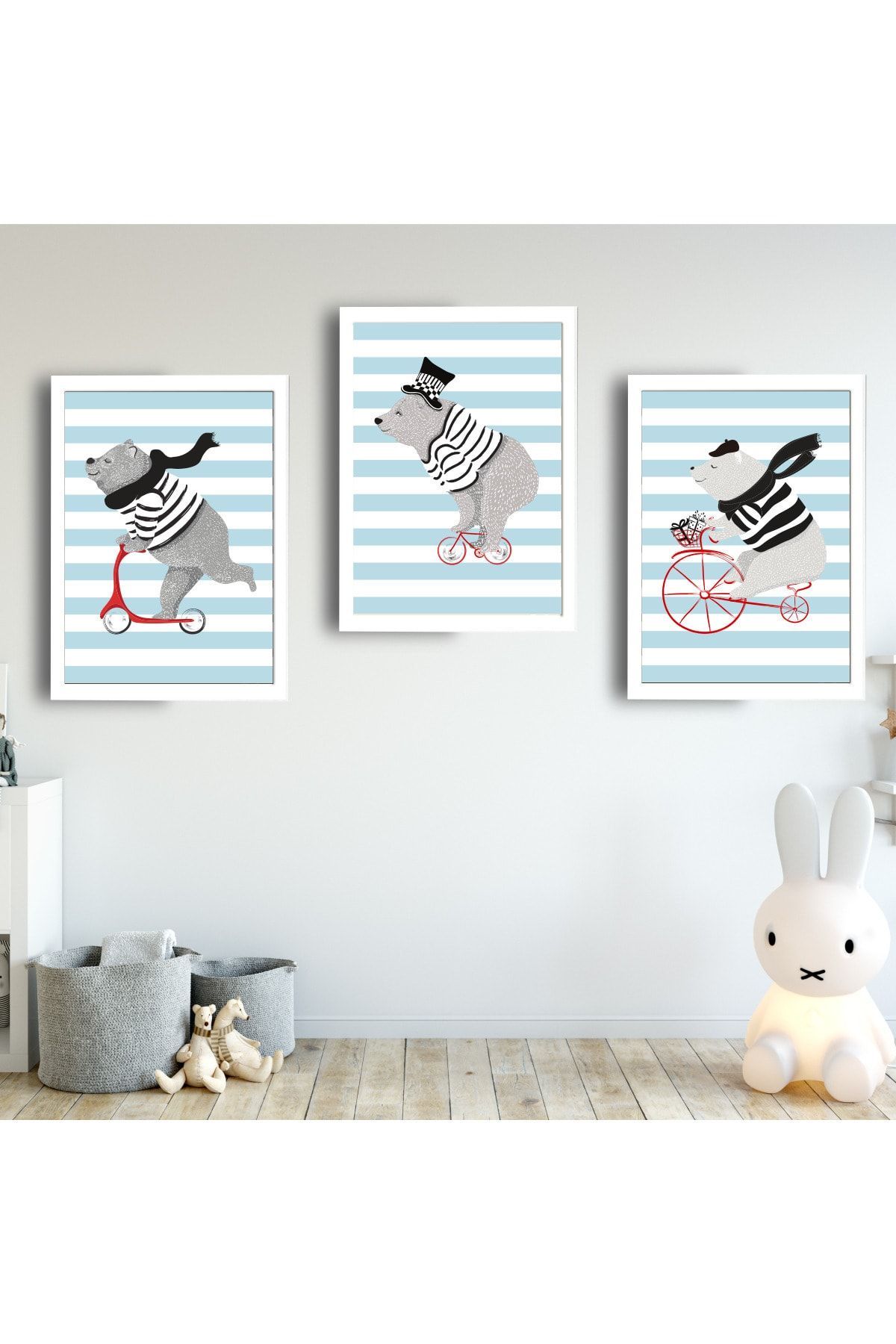 SUNNYFUNNYKIDS Bebek Çocuk Odası Tablo Bebek Mavisi Bisikletli Ayı Beyaz Çerçeveli Set Sfkc29