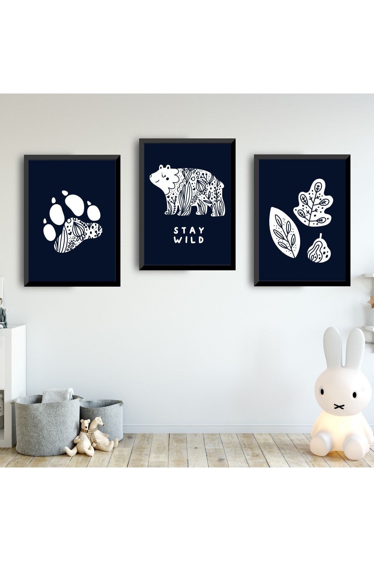 SUNNYFUNNYKIDS Bebek Çocuk Odası Tablo Lacivert Nordic Ayı Siyah Çerçeveli Set Sfkc13