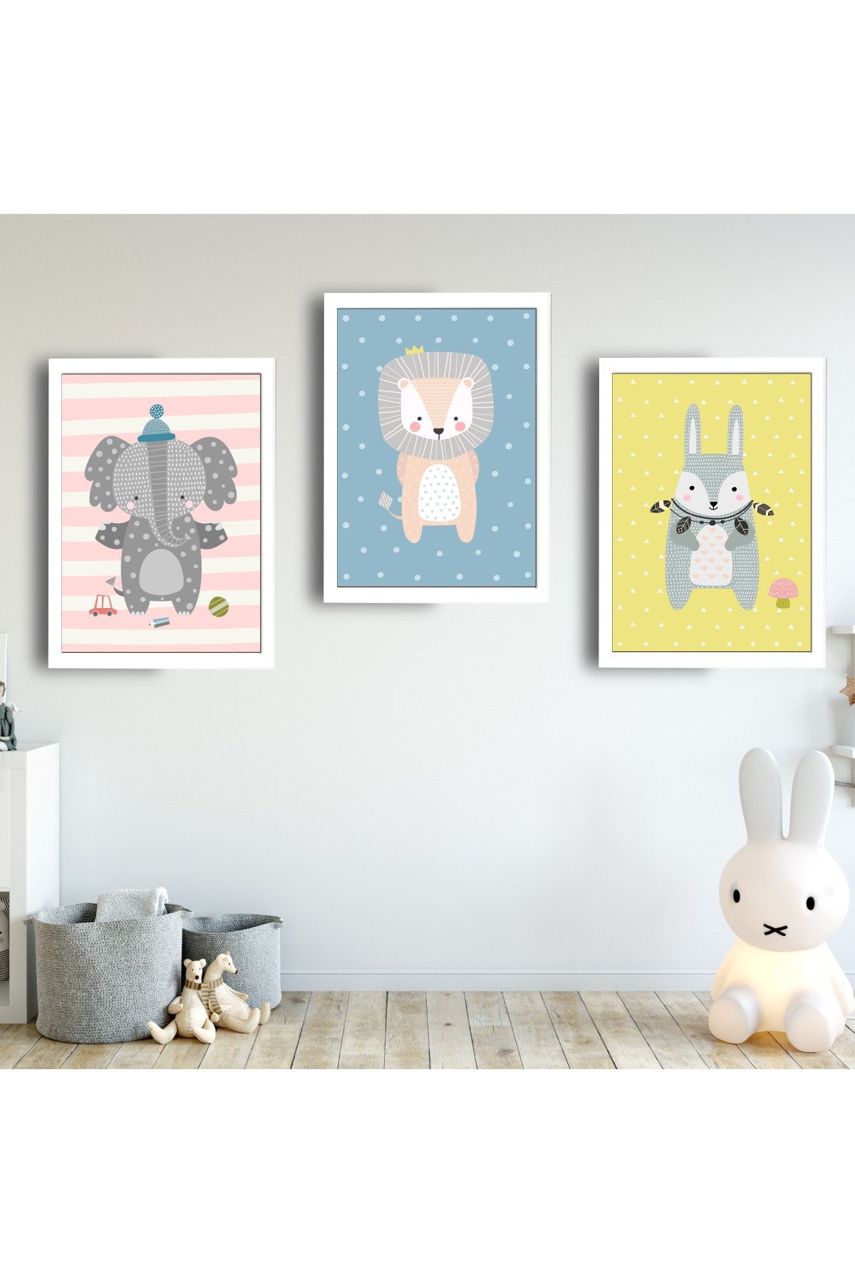 SUNNYFUNNYKIDS Bebek Çocuk Odası Tablo Fil Tavşan Aslan Beyaz Çerçeveli Set Sfkc56