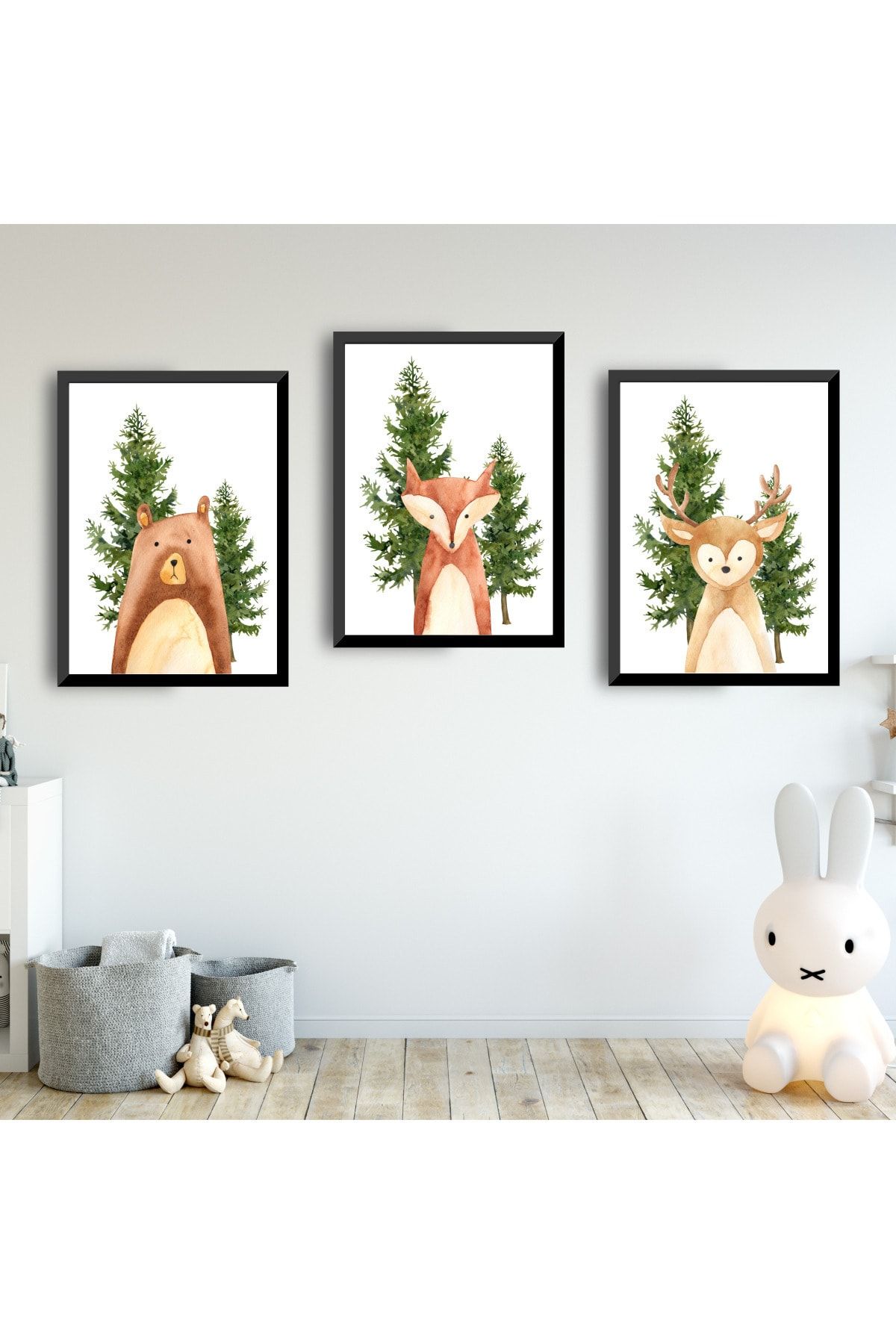 SUNNYFUNNYKIDS Bebek Çocuk Odası Tablo Nordic Ayı Geyik Tilki Siyah Çerçeveli Set Sfkc37