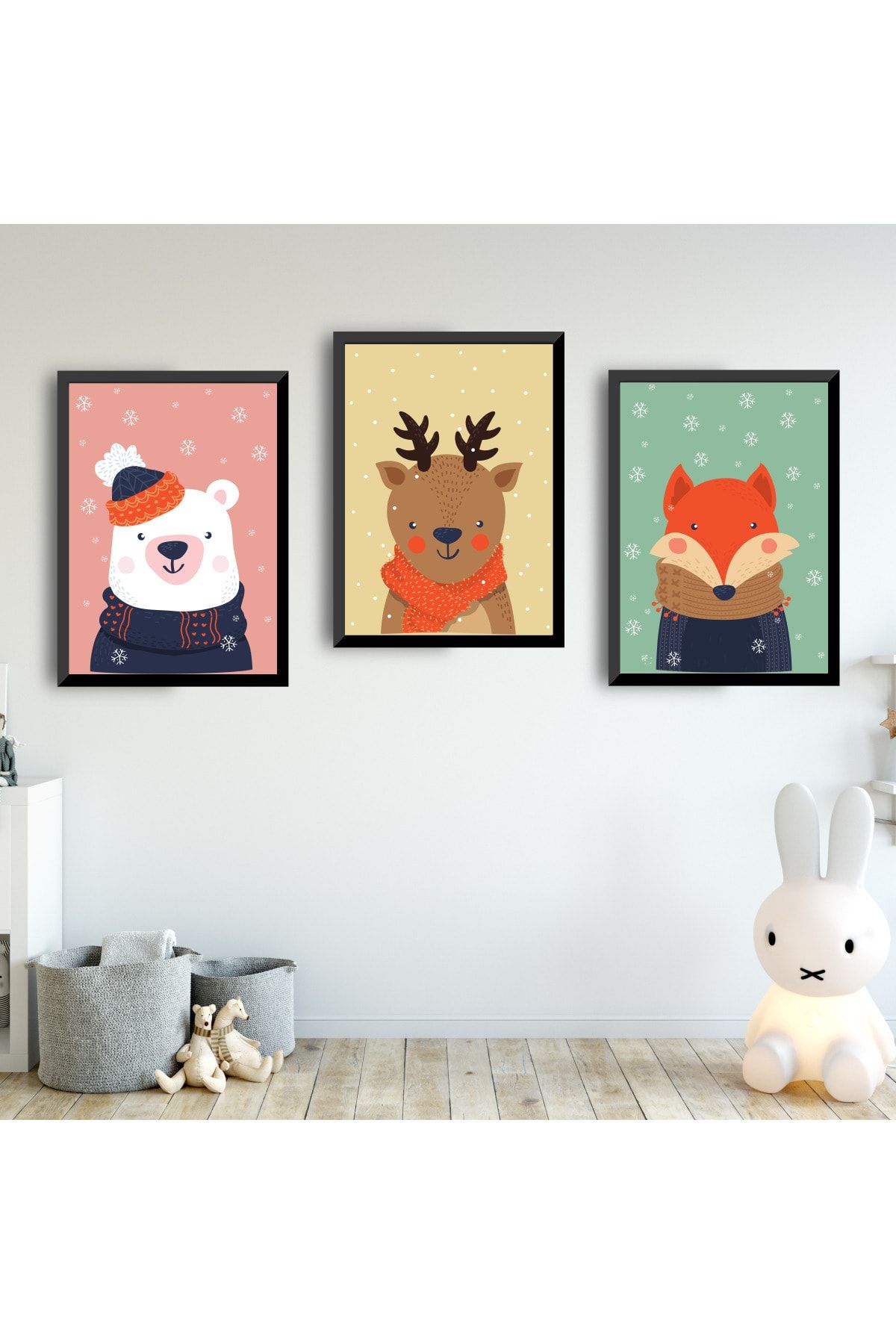 SUNNYFUNNYKIDS Bebek Çocuk Odası Tablo Tilki Geyik Ayı Siyah Çerçeveli Set Sfkc79