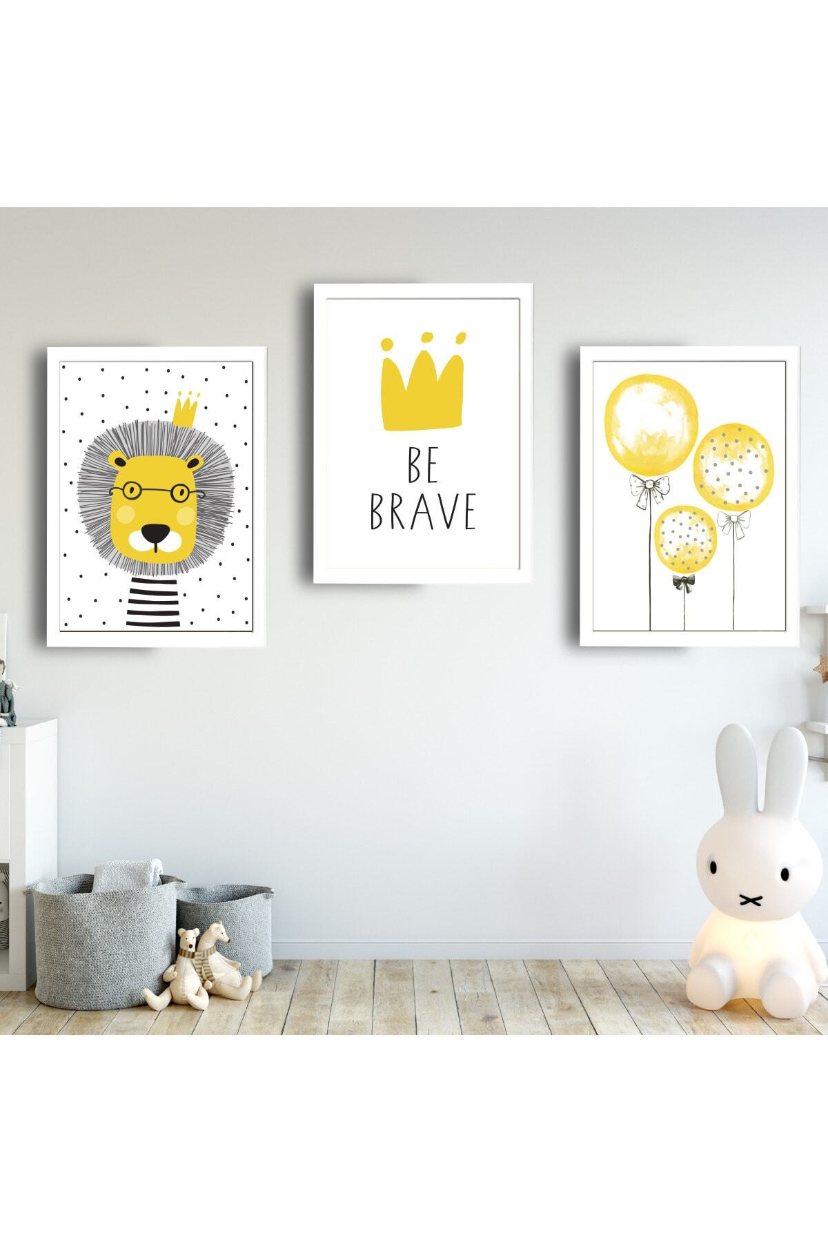 SUNNYFUNNYKIDS Bebek Çocuk Odası Tablo Aslan Sarı Taç Balon Beyaz Çerçeveli Set Sfkc63