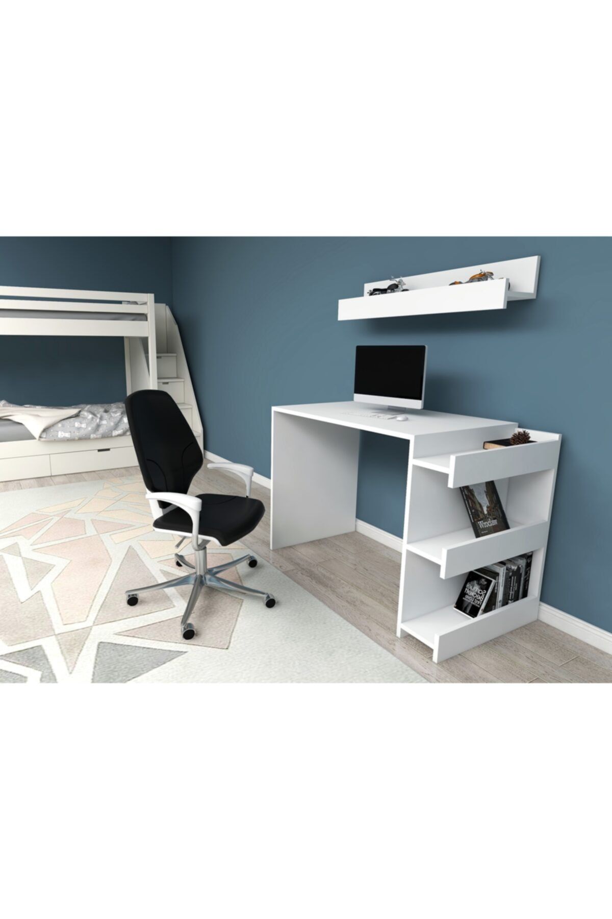 ARNETTİ Nisan Çalışma Masası Beyaz 74x107x55 Yandan Raflı Özel Tasarım Kolay Kurulum