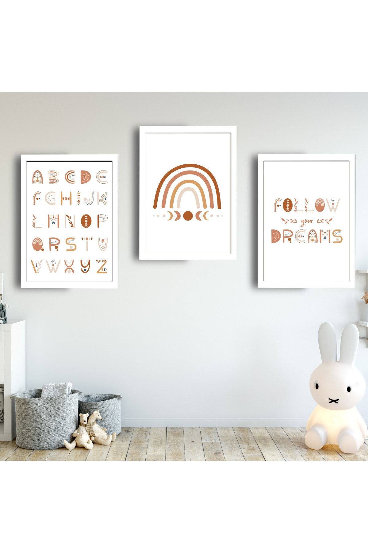 SUNNYFUNNYKIDS Bebek Çocuk Odası Tablo Bohem Harfler Gökkuşağı Beyaz Çerçeveli Set Sfkc22 21 X 30