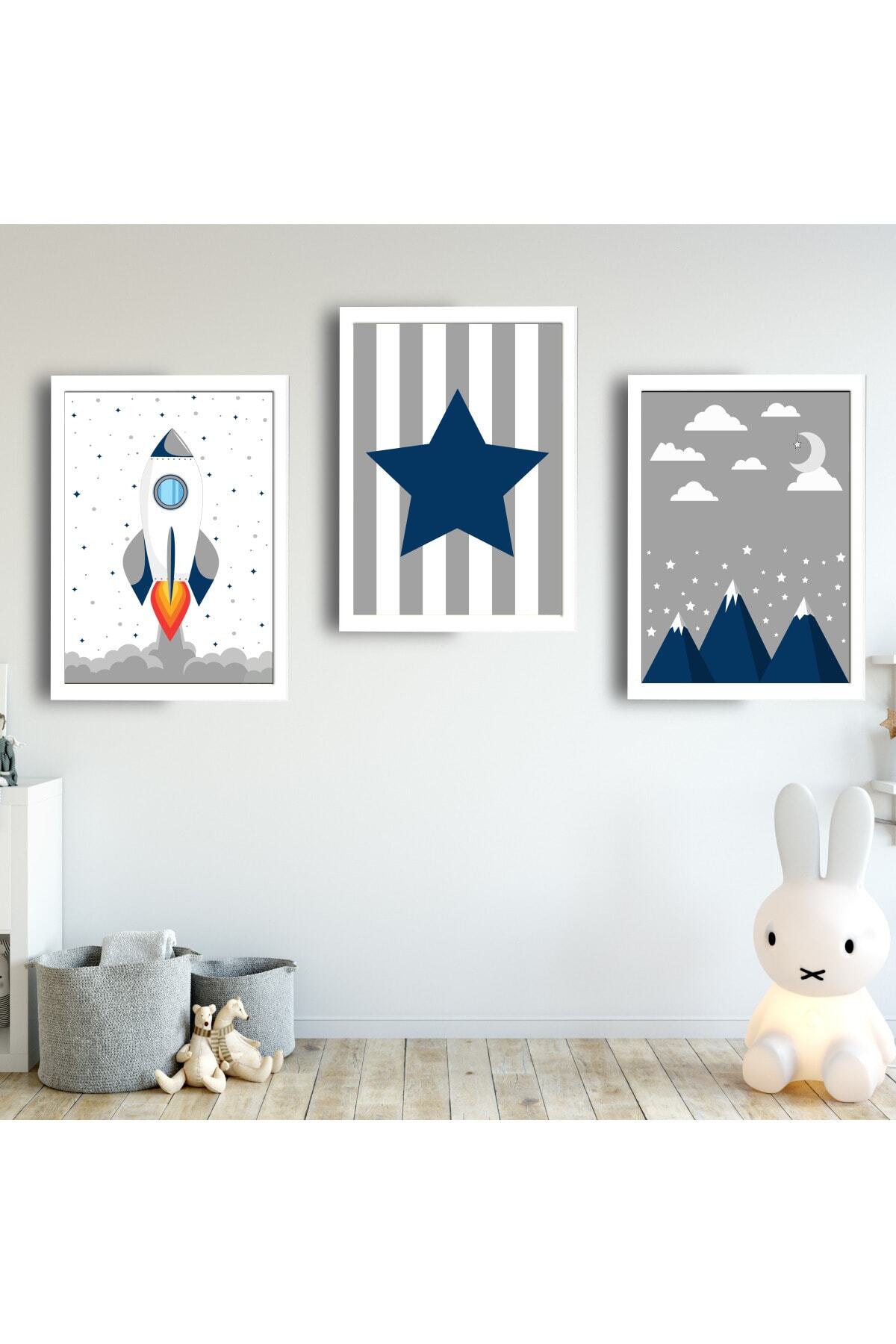 SUNNYFUNNYKIDS Bebek Çocuk Odası Tablo Lacivert Gri Roket Dağlar Yıldız Beyaz Çerçeveli Set Sfkc69 21 X 30