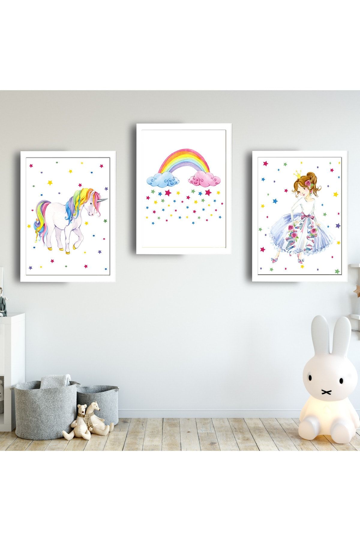 SUNNYFUNNYKIDS Bebek Çocuk Odası Tablo Gökkuşağı Unicorn Prenses Kız Beyaz Çerçeveli Set Sfkc74 21 X 30