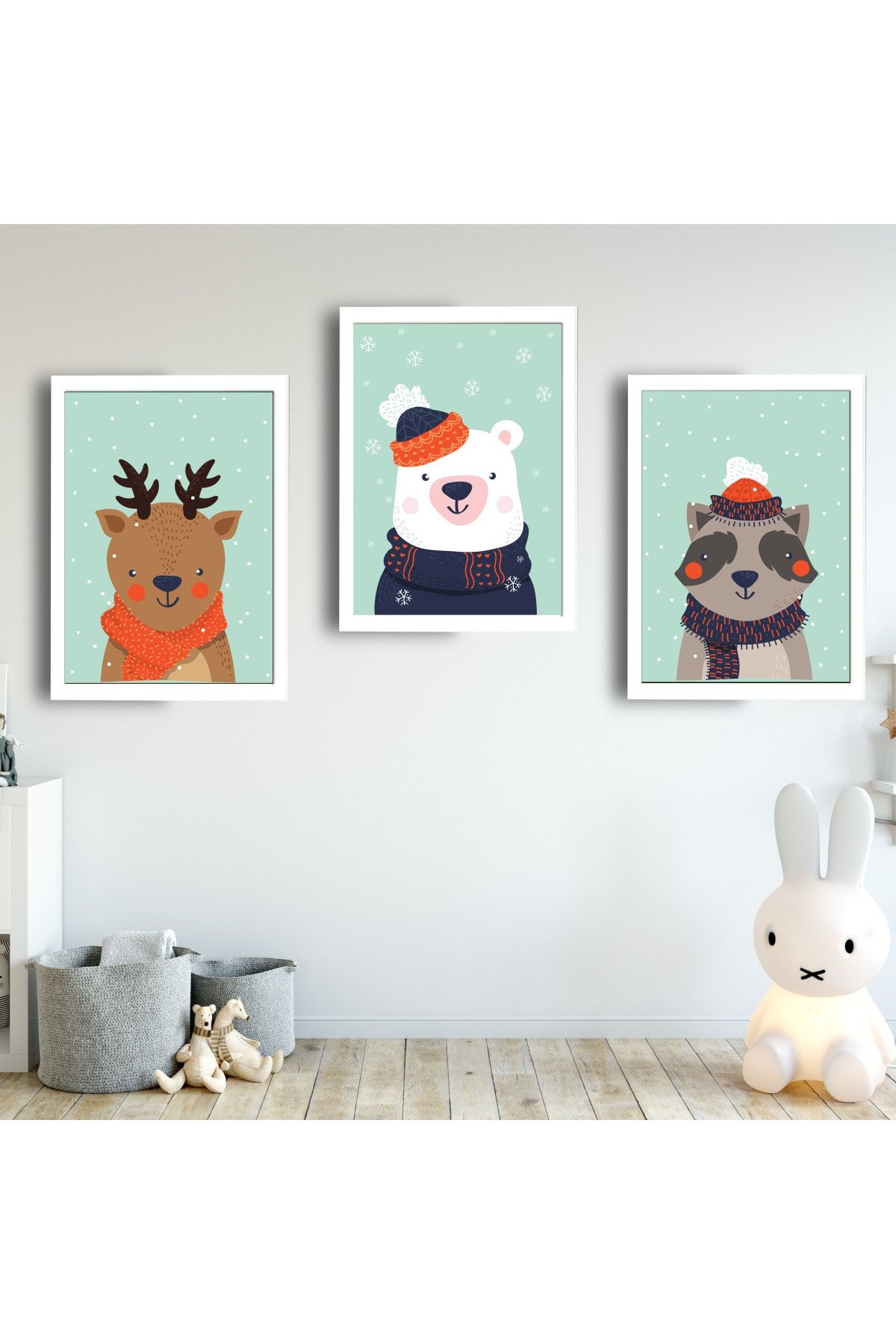 SUNNYFUNNYKIDS Bebek Çocuk Odası Tablo Mint Yeşili Ayı Geyik Rakun Beyaz Çerçeveli Set Sfkc73 21 X 30