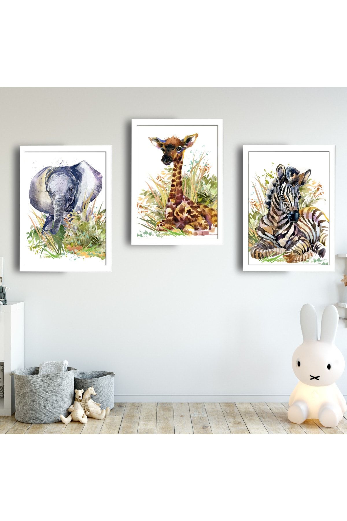 SUNNYFUNNYKIDS Bebek Çocuk Odası Tablo Fil Zürafa Zebra Beyaz Çerçeveli Set Sfkc3 21 X 30