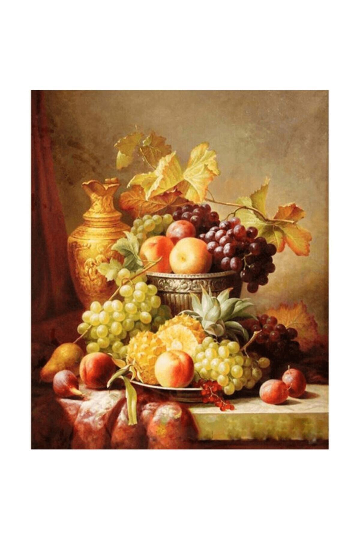 LİLYHOBBYLAND Sayılarla Boyama 60x75 Cm Çerçeveli Altın Vazo Ve Meyveler
