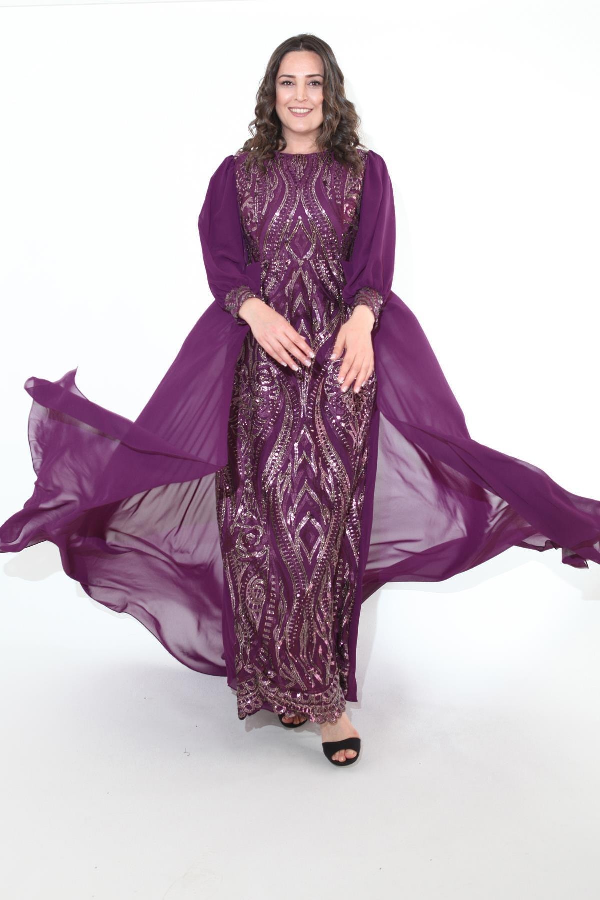 Ladies First Ladıes Fırst Büyük Beden 3216 Mürdüm Uzun Abiye Tesettür Elbise