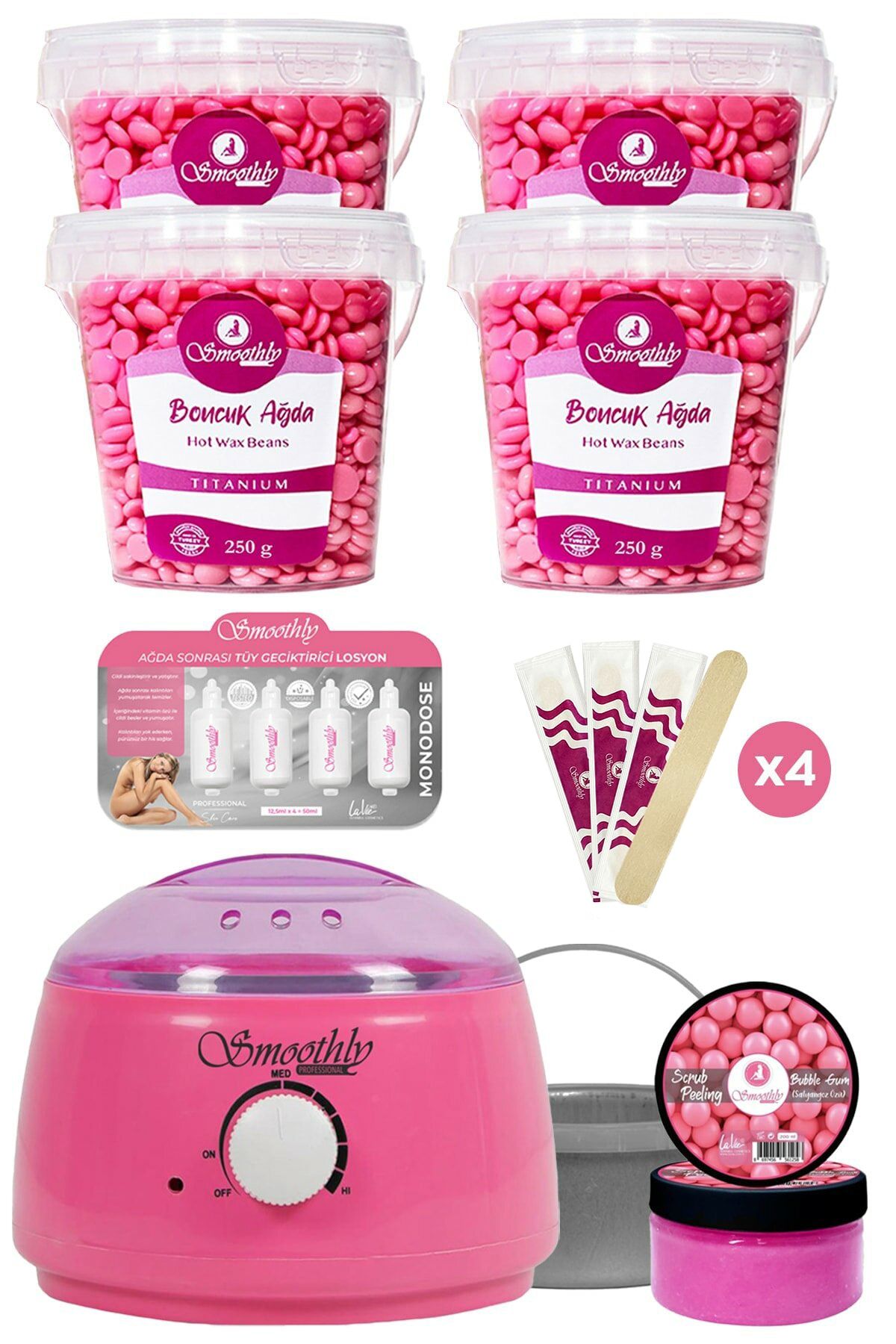 Smoothly Pudralı Soyulabilen Boncuk Ağda 4 Kutu + Isıtıcı Makine + Tüy Geciktirme Etkili Yağ + Spatula Seti