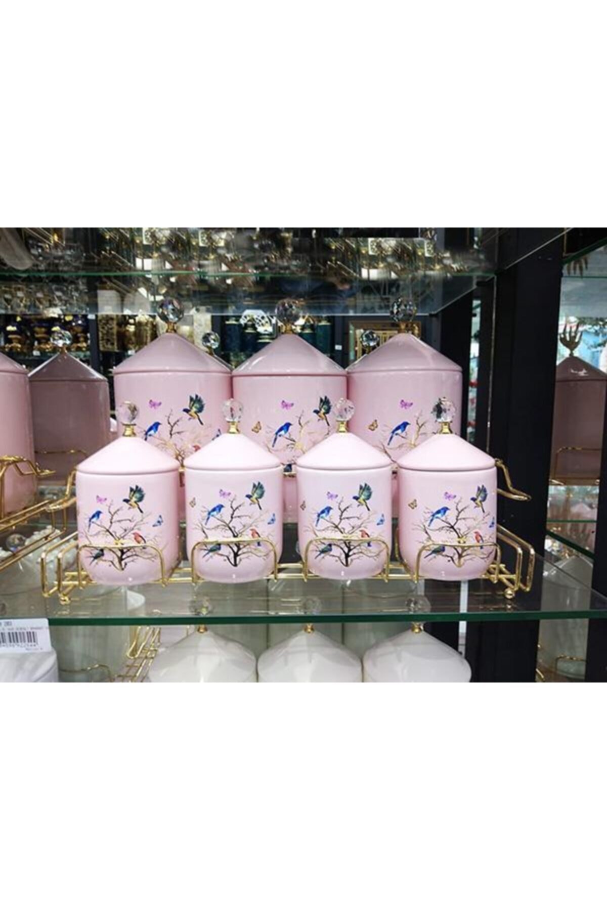 evvehediyelikesya 7'li Lüks Seramik Pembe Kuş Motifli Kristal Başlıklı Baharatlık Takımı