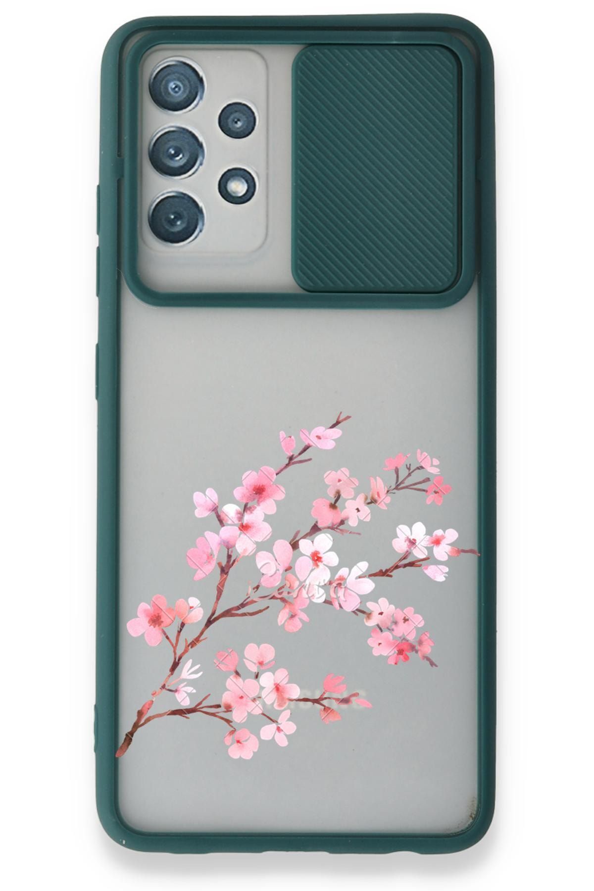 Samsung Galaxy A52 Kılıf Sürgülü Kamera Korumalı Yeşil Hd Baskılı Kılıf - Pembe Çiçek