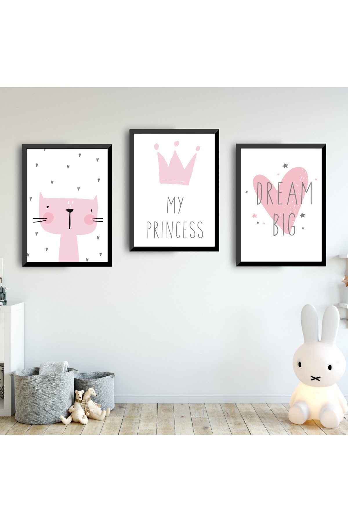 SUNNYFUNNYKIDS Kız Bebek Çocuk Odası Tablo Pembe Gri Kedi Taç Kalp Siyah Çerçeveli Set Sfkc67
