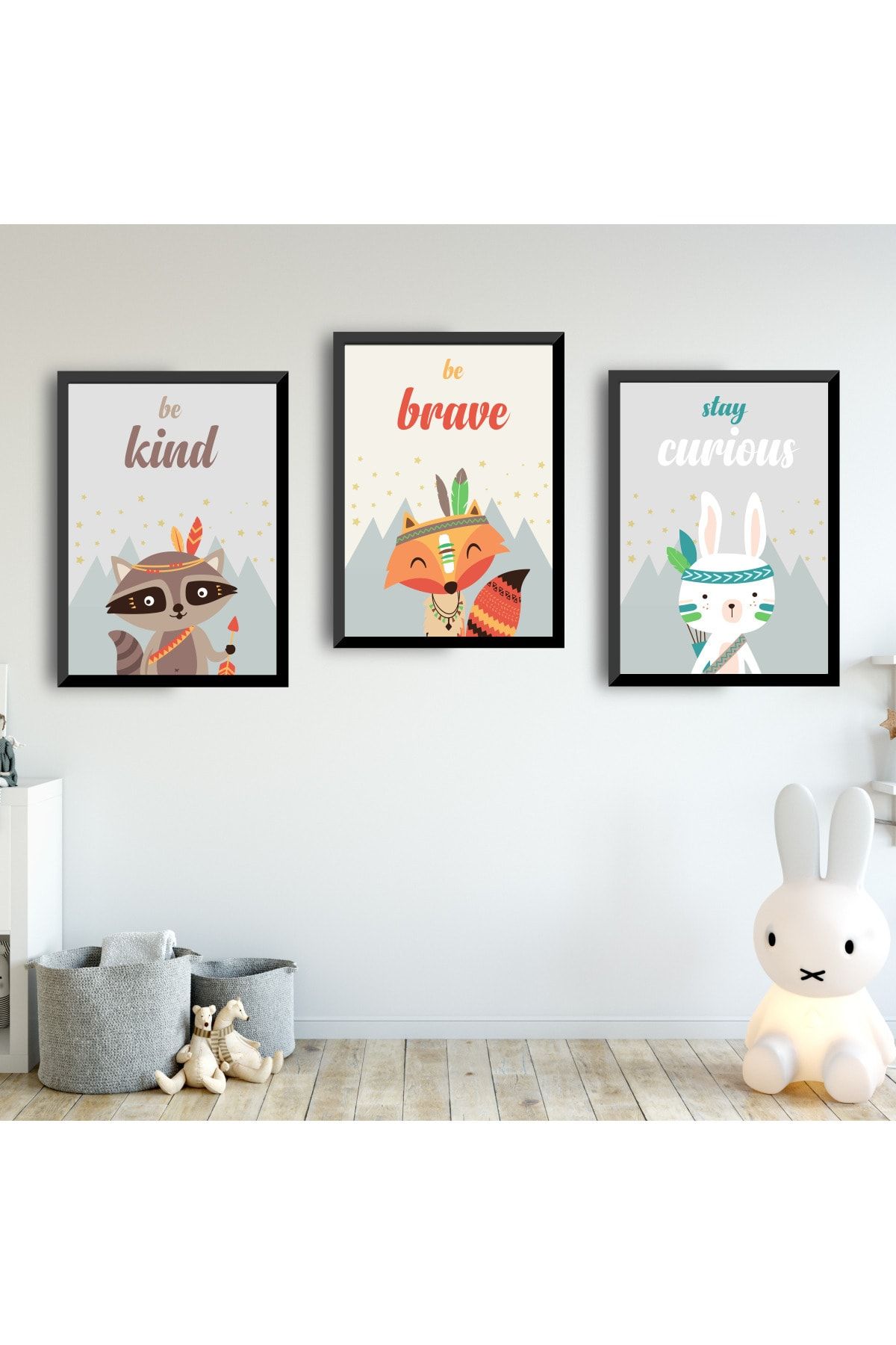 SUNNYFUNNYKIDS Bebek Çocuk Odası Tablo Be Kind Be Brave Nordic Siyah Çerçeveli Set Sfkc77