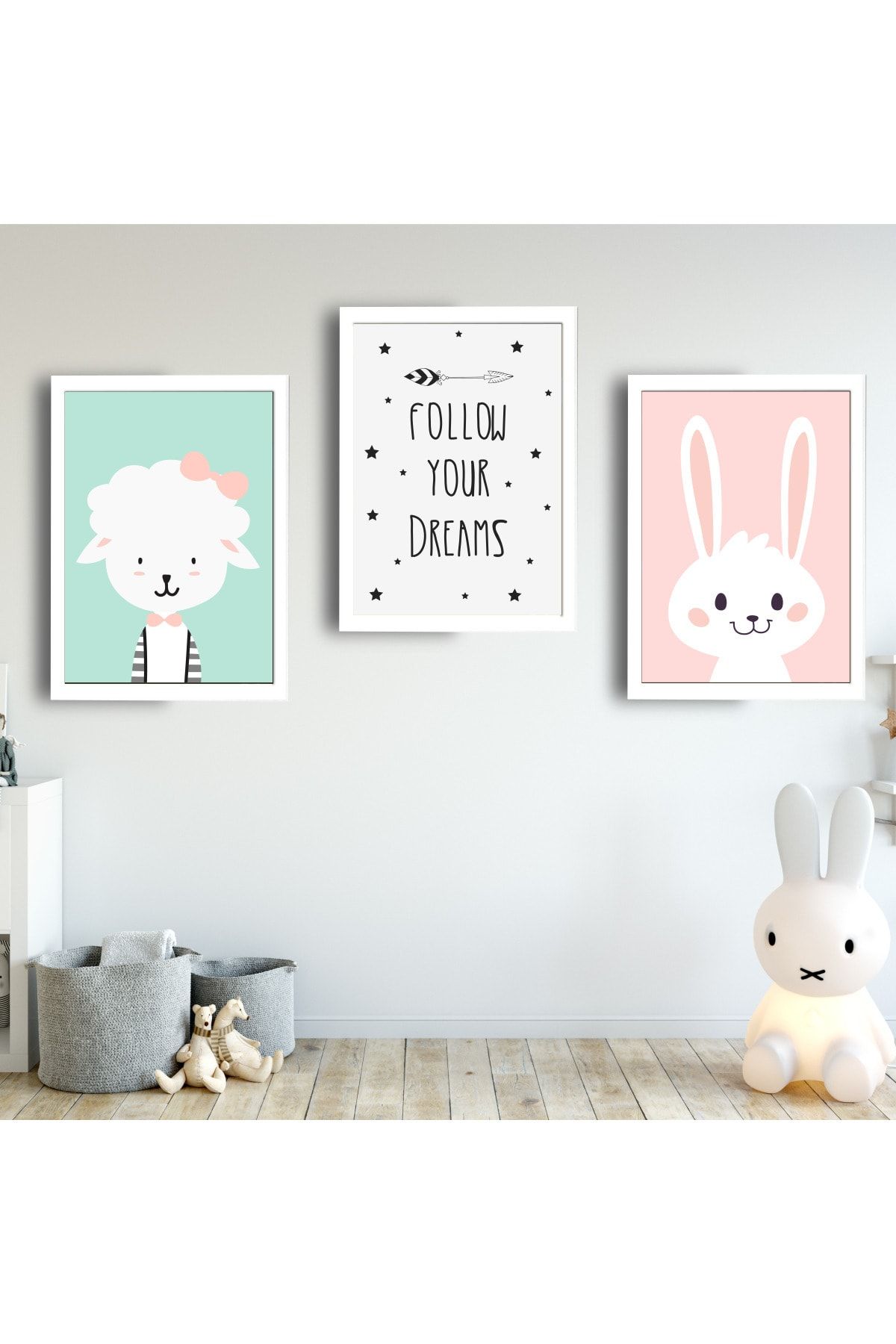 SUNNYFUNNYKIDS Kız Bebek Çocuk Odası Tablo Kuzu Tavşan Mint Yeşili Pembe Beyaz Çerçeveli Set Sfkc84
