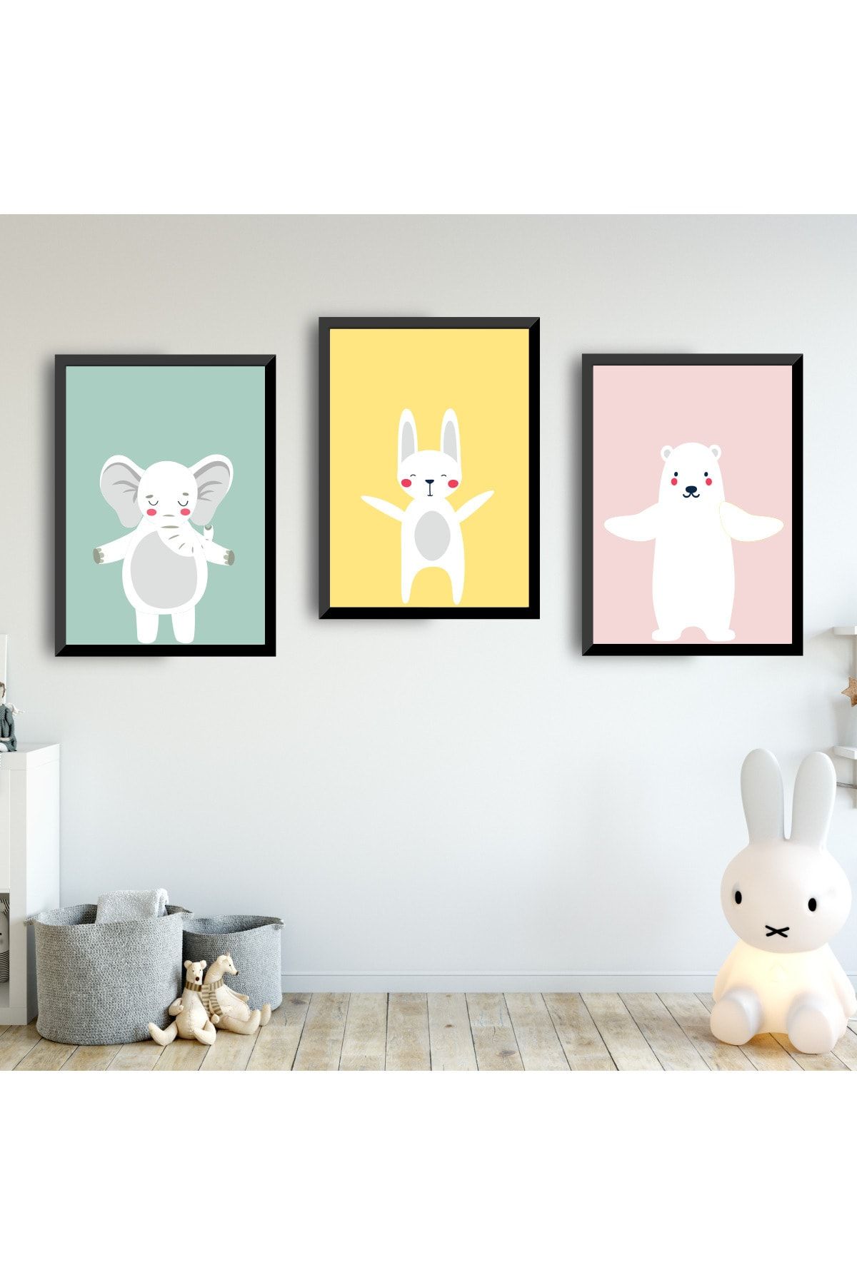 SUNNYFUNNYKIDS Kız Bebek Çocuk Odası Tablo Su Yeşili Pembe Sarı Siyah Çerçeveli Set Sfkc25