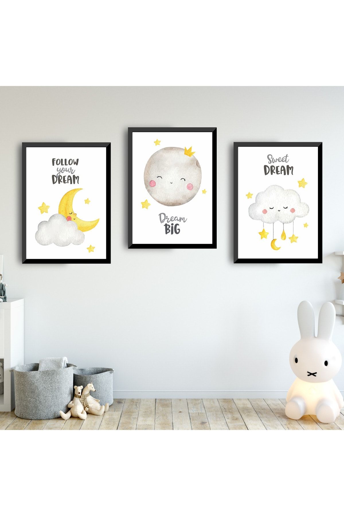 SUNNYFUNNYKIDS Bebek Çocuk Odası Tablo Ay Bulut Yıldız Siyah Çerçeveli Set Sfkc16