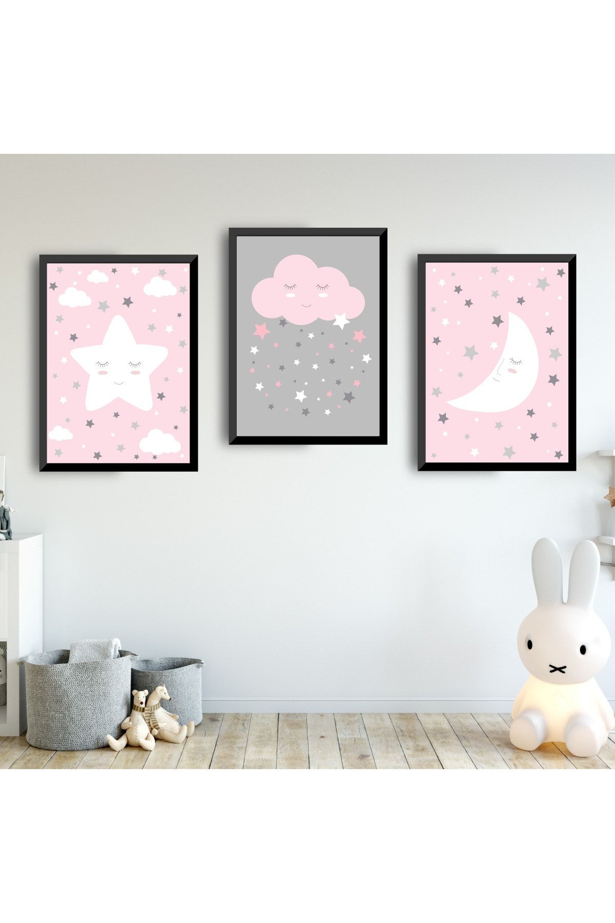 SUNNYFUNNYKIDS Kız Bebek Çocuk Odası Tablo Pembe Gri Yıldız Ay Bulut Siyah Çerçeveli Set Sfkc75