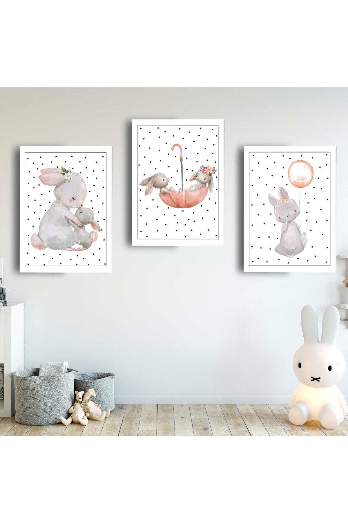 SUNNYFUNNYKIDS Bebek Çocuk Odası Tablo Tavşan Yavru Tavşan Beyaz Çerçeveli Set Sfkc54