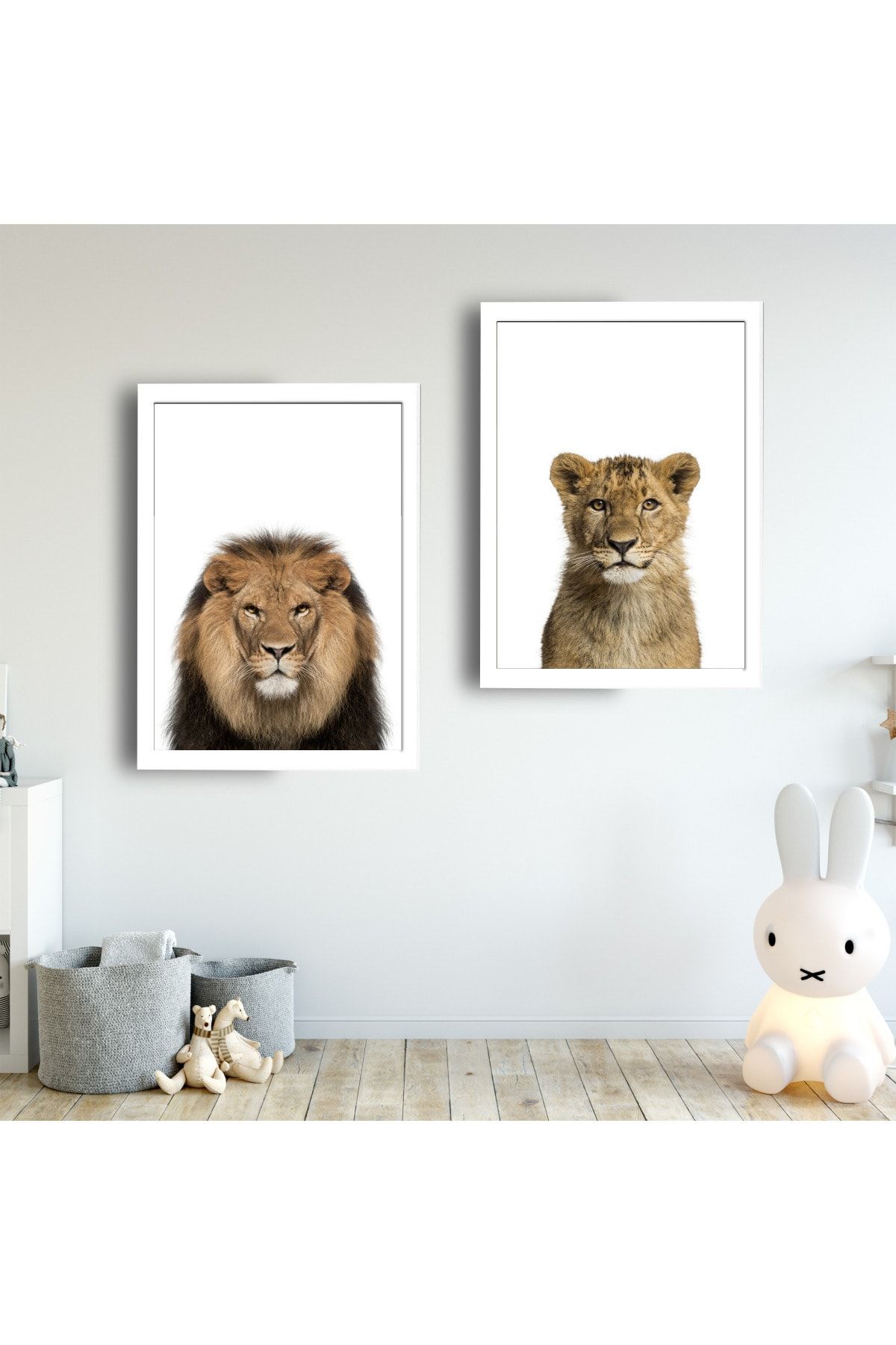 SUNNYFUNNYKIDS Bebek Çocuk Odası Tablo Aslan Beyaz Çerçeveli Set Sfkc21