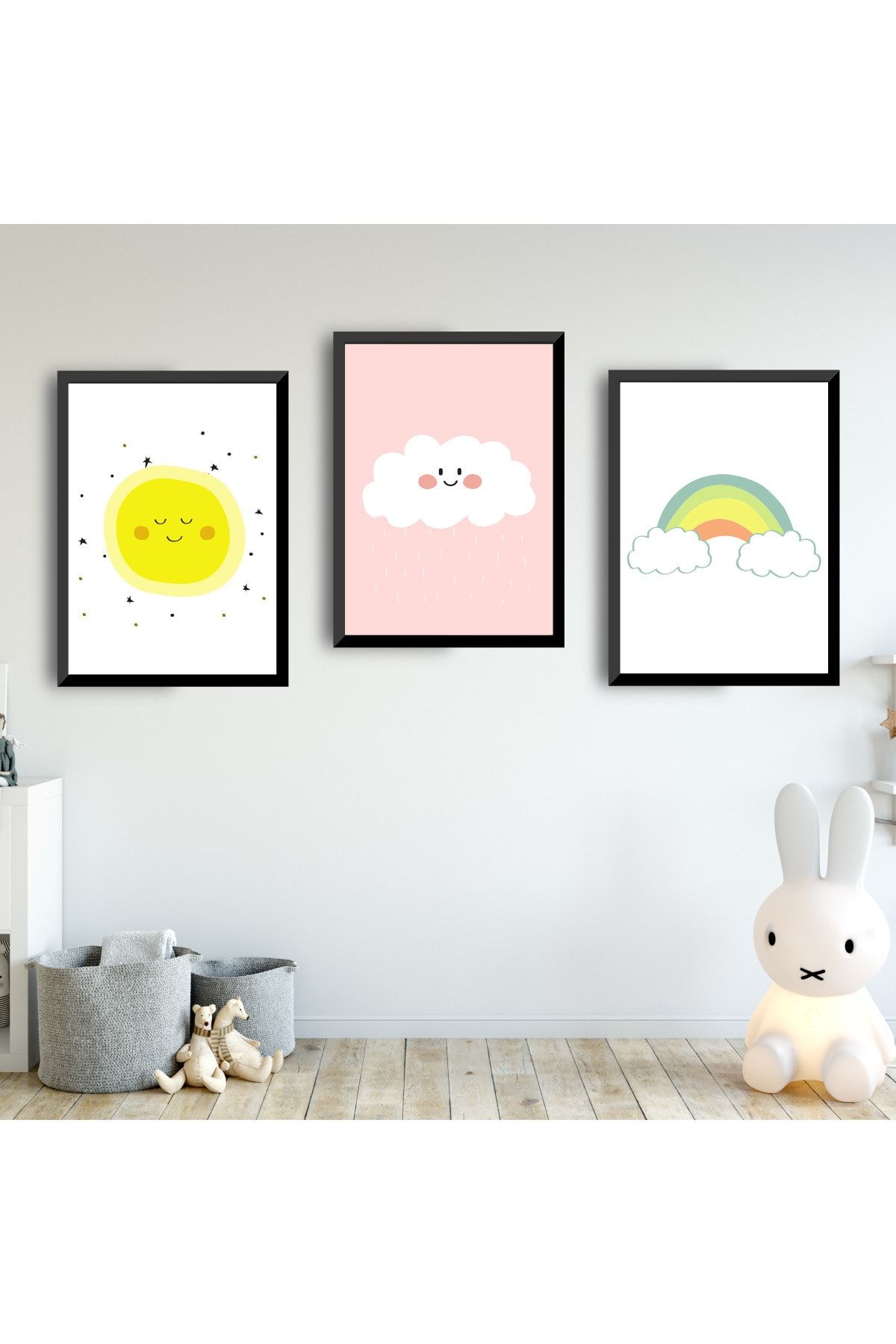 SUNNYFUNNYKIDS Bebek Çocuk Odası Tablo Güneş Bulut Gökkuşağı Siyah Çerçeveli Set Sfkc32