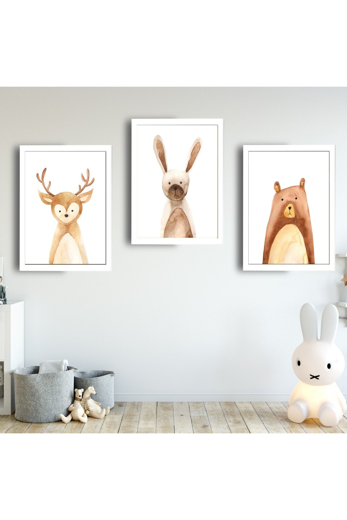 SUNNYFUNNYKIDS Bebek Çocuk Odası Tablo Nordic Nordik Geyik Tavşan Ayı Beyaz Çerçeveli Set Sfkc7